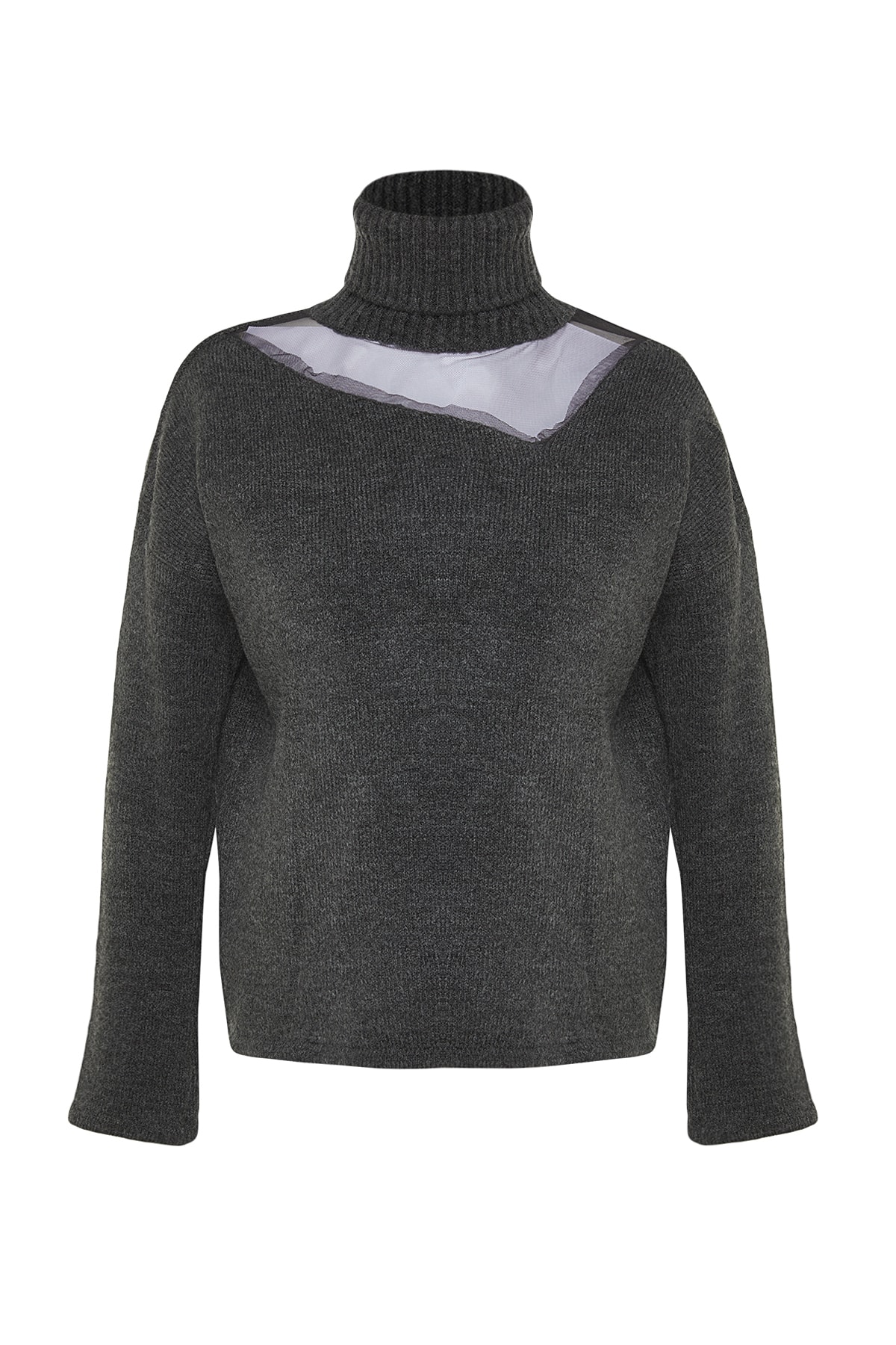 Trendyolmilla  Antrasit Yumuşak Dokulu Tül Detaylı Triko Kazak TWOAW20KZ1037 - Görsel 6