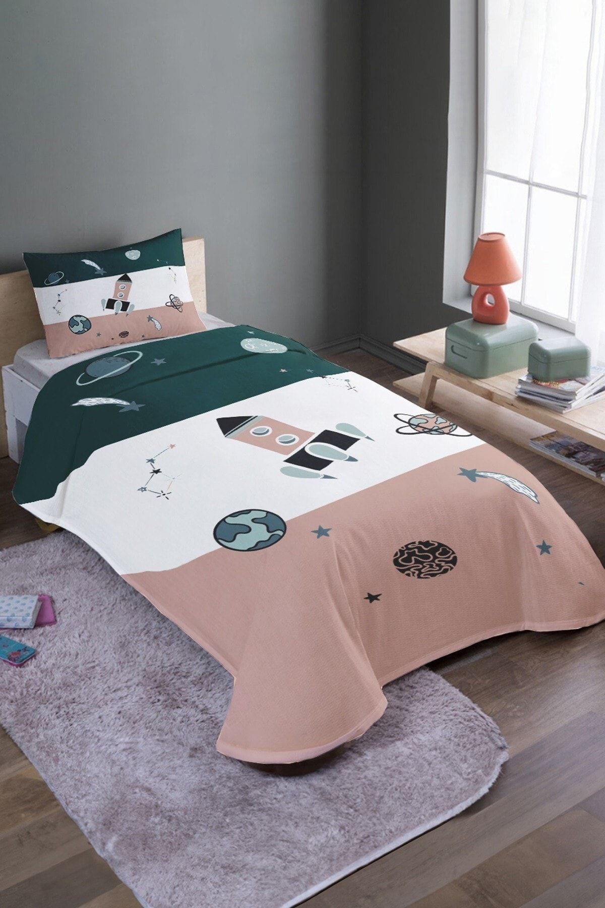 EVPANYA-Retro Green Spacecraft Patterned Single Pique Set and Bedspread 2