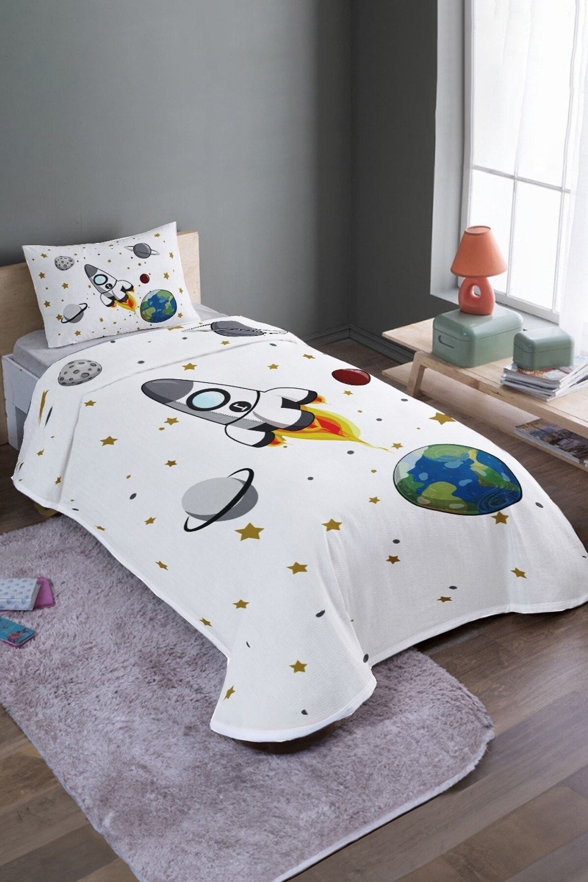 EVPANYA-White Space and Rocket Patterned Single Pique Set and Bedspread 2
