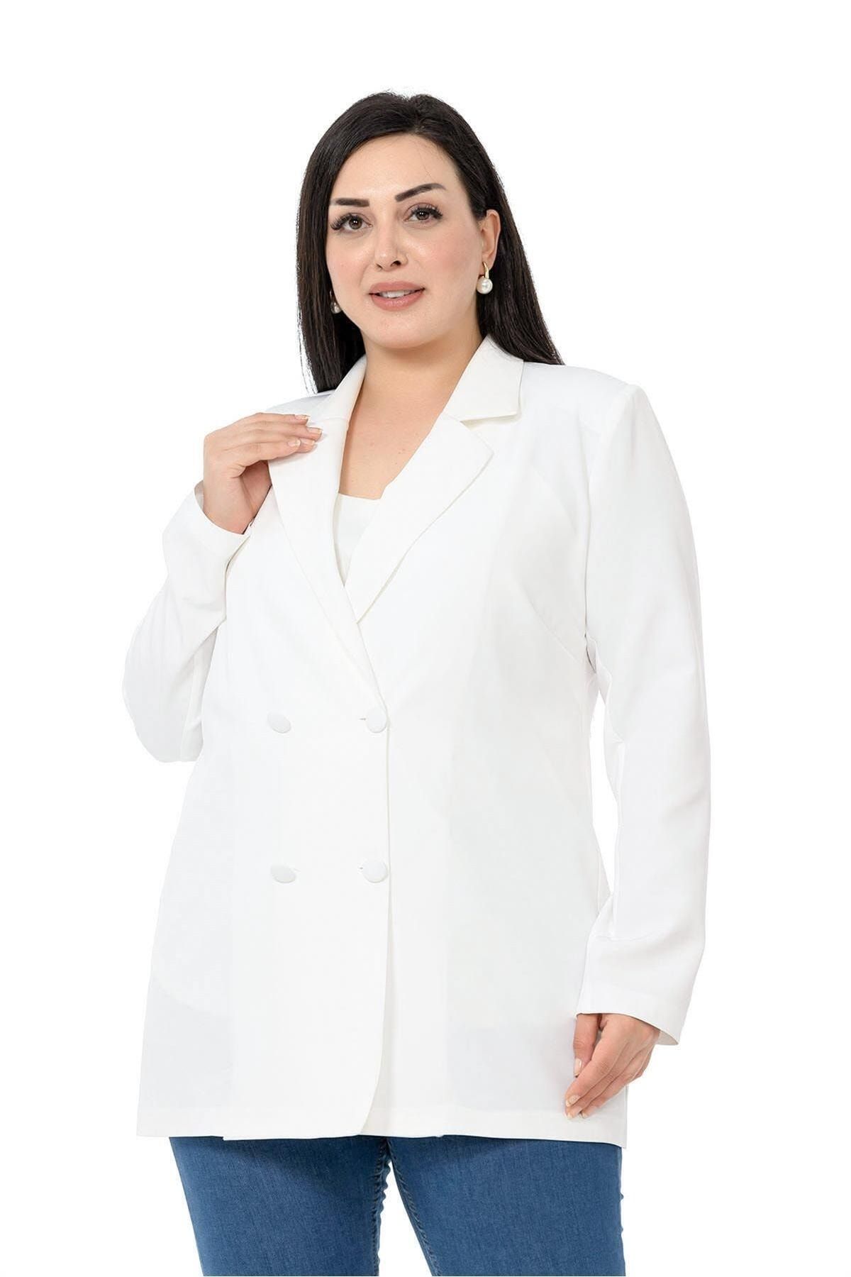 DISENTIS MODEST-Plus Size Covered Buttoned Double Breasted White Unlined Jacket 2