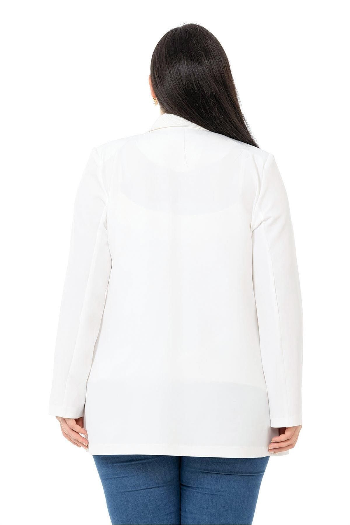 DISENTIS MODEST-Plus Size Covered Buttoned Double Breasted White Unlined Jacket 3