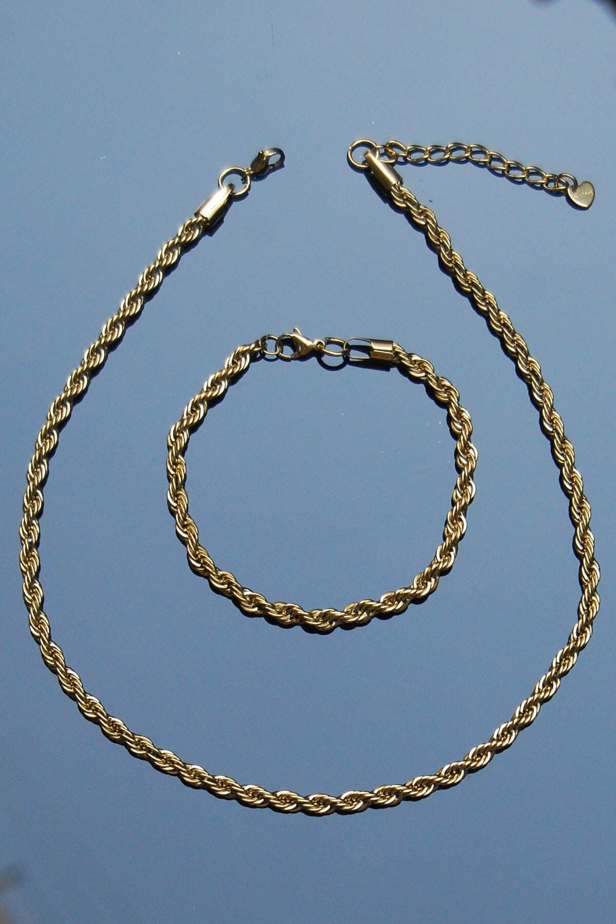 Rua Jewelry Burgu Halat Model Zincir Paslanmaz Çelik Kolye & Bileklik Set Altın Renk 2 Yıl Garanti Belgeli