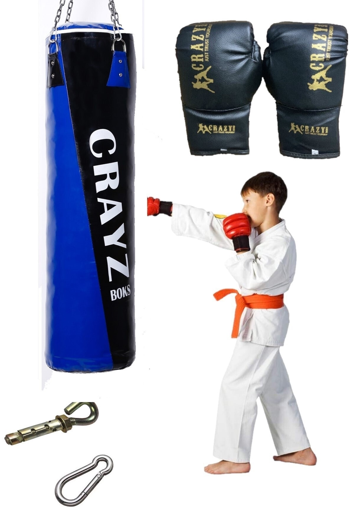 Crazy Çocuk Boks Torbası Çocuk Kum Torbası Çocuk Boks Eldiveni Set Askı Aparatı Mavi Siyah