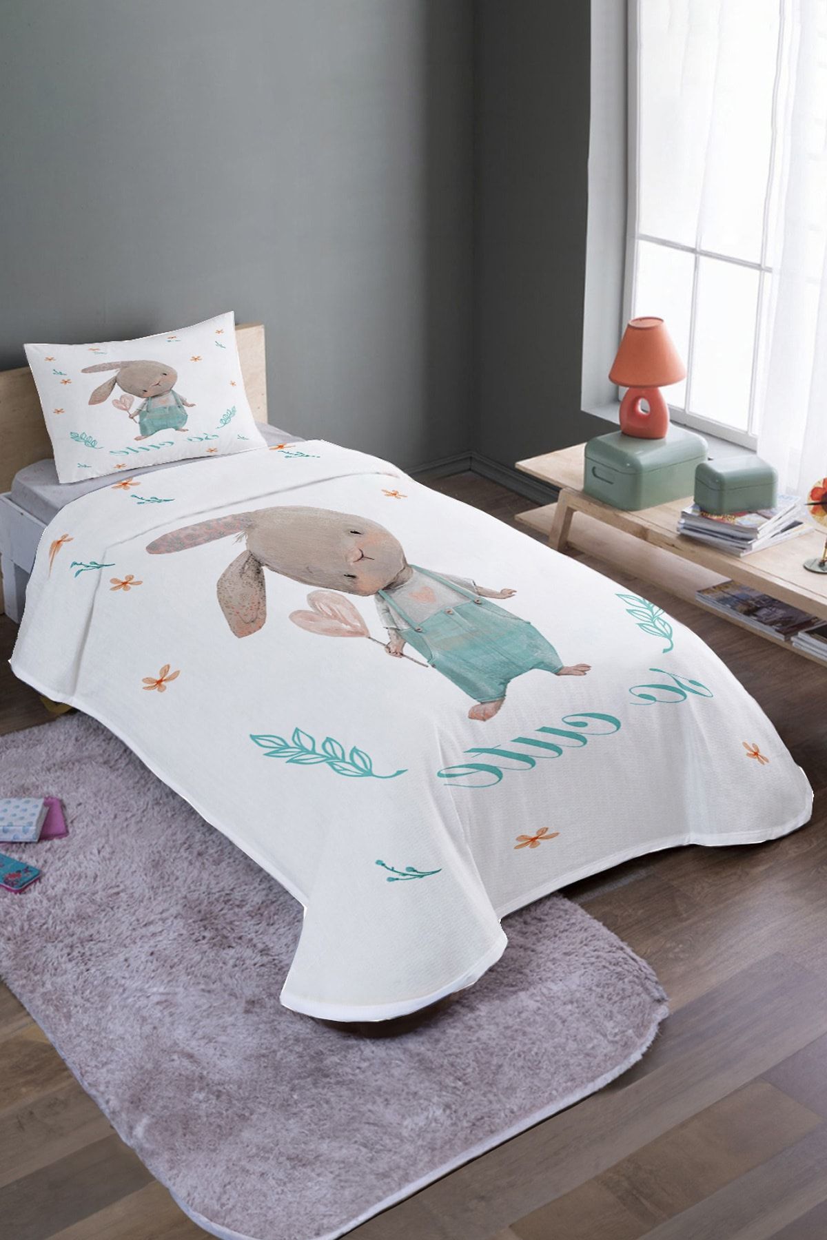 EVPANYA-Gardener Rabbit Patterned Single Pique Set and Bedspread 2