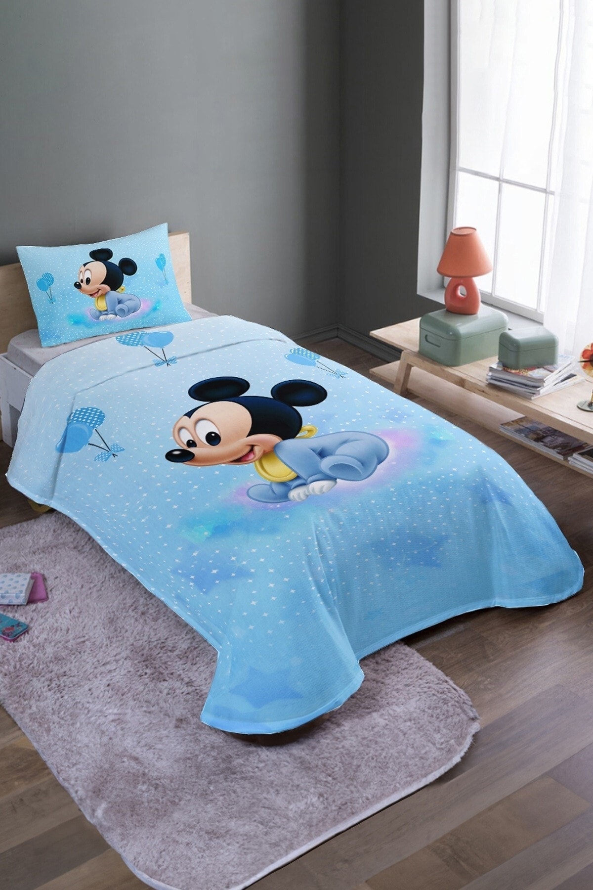 Mavi Mickey Desenli Tek Kişilik Pike Takımı Ve Yatak Örtüsü 2