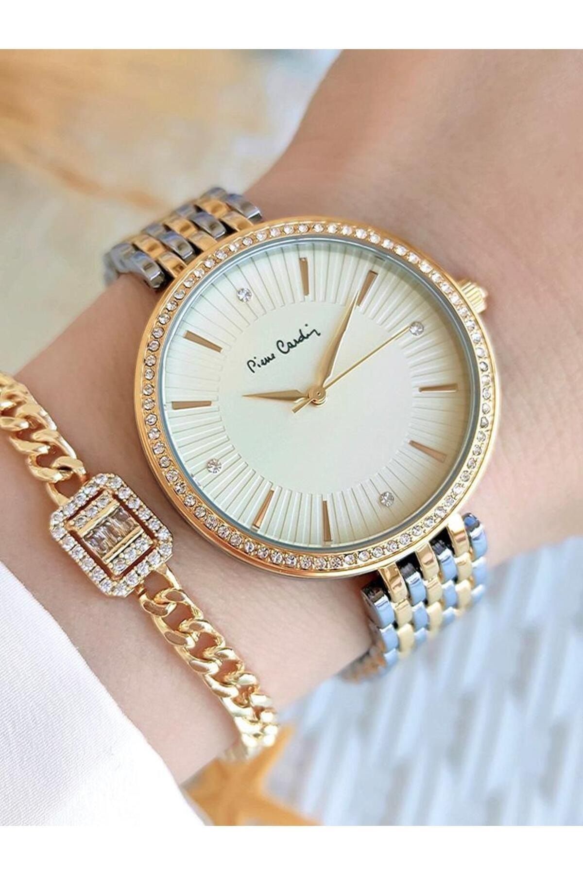 ساعت مچی زنانه 800902F06 بند استیل 30 متری ضد آب مدل سنگ + دستبند جدید مد الیت Pierre Cardin