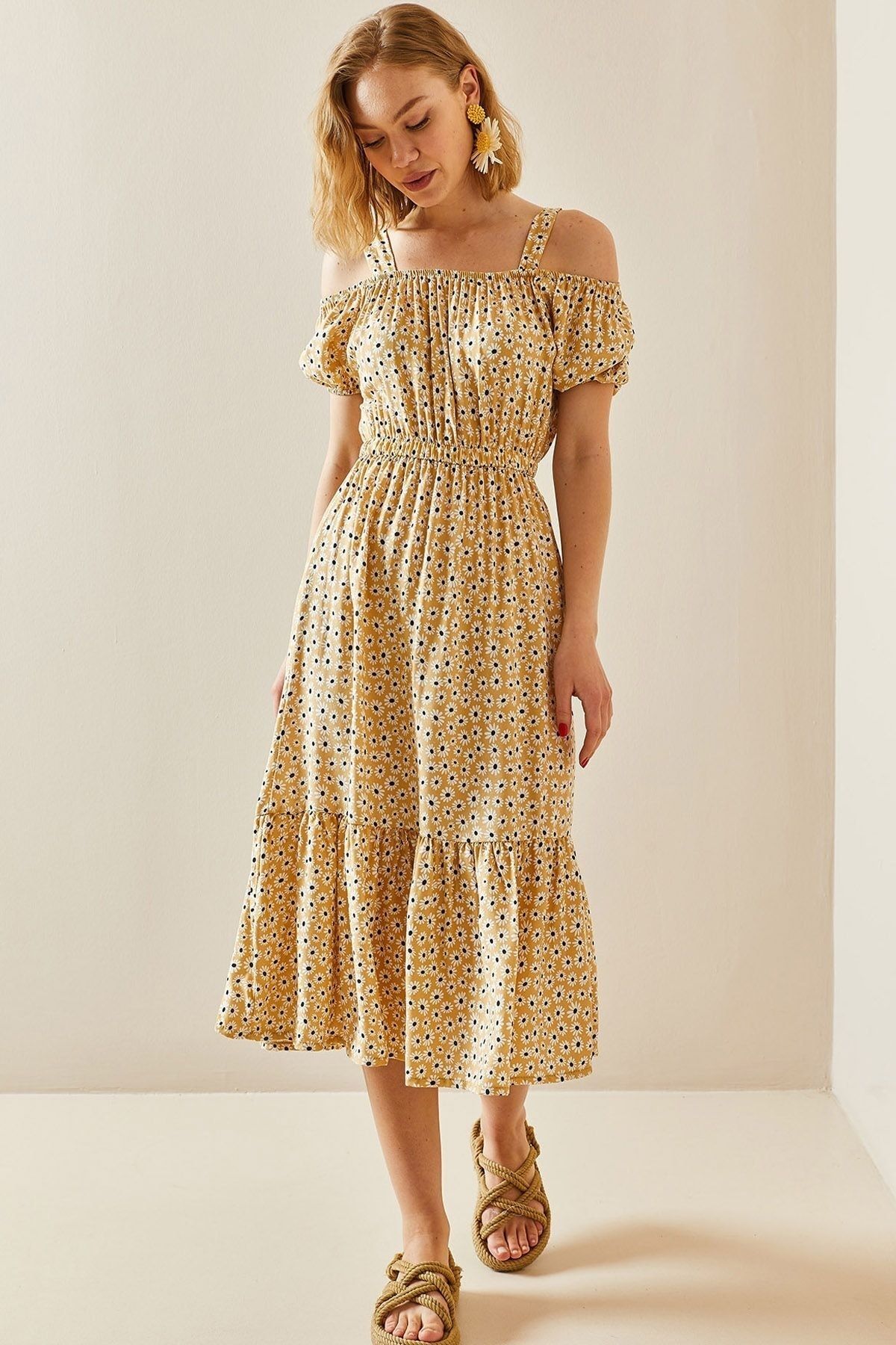 XHAN-Beigefarbenes, schulterfreies Kleid mit Blumenmuster 3yxk6-47311-25 5