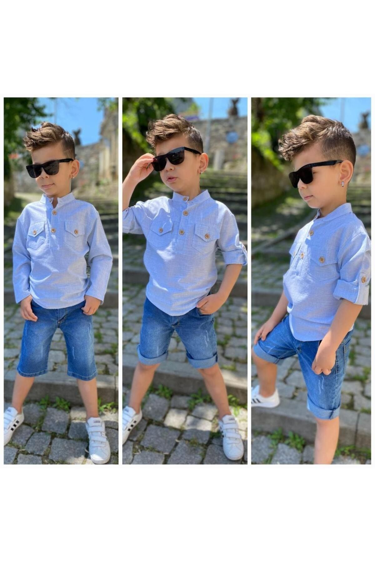 Ysferbutik Boy s White Shirt Crew Neck Linen Shirt Denim Capri