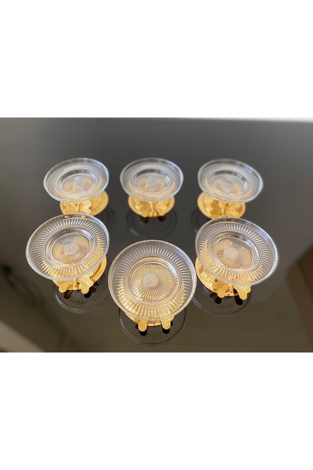 atabey home 6'lı Gold Kelebek Detaylı Metal Ayaklı Cam Lokumluk & Şekerlik & Sunumluk