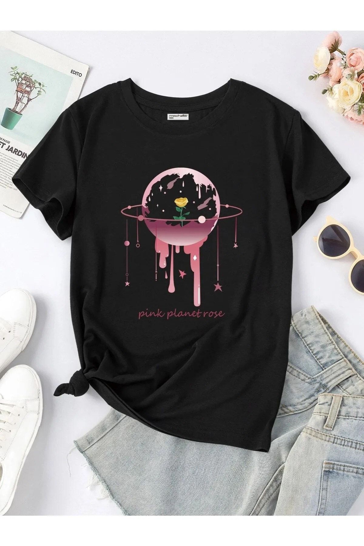 Keywest-Pink Planet Rose Printed Oversize Crew Neck T-shirt 1
