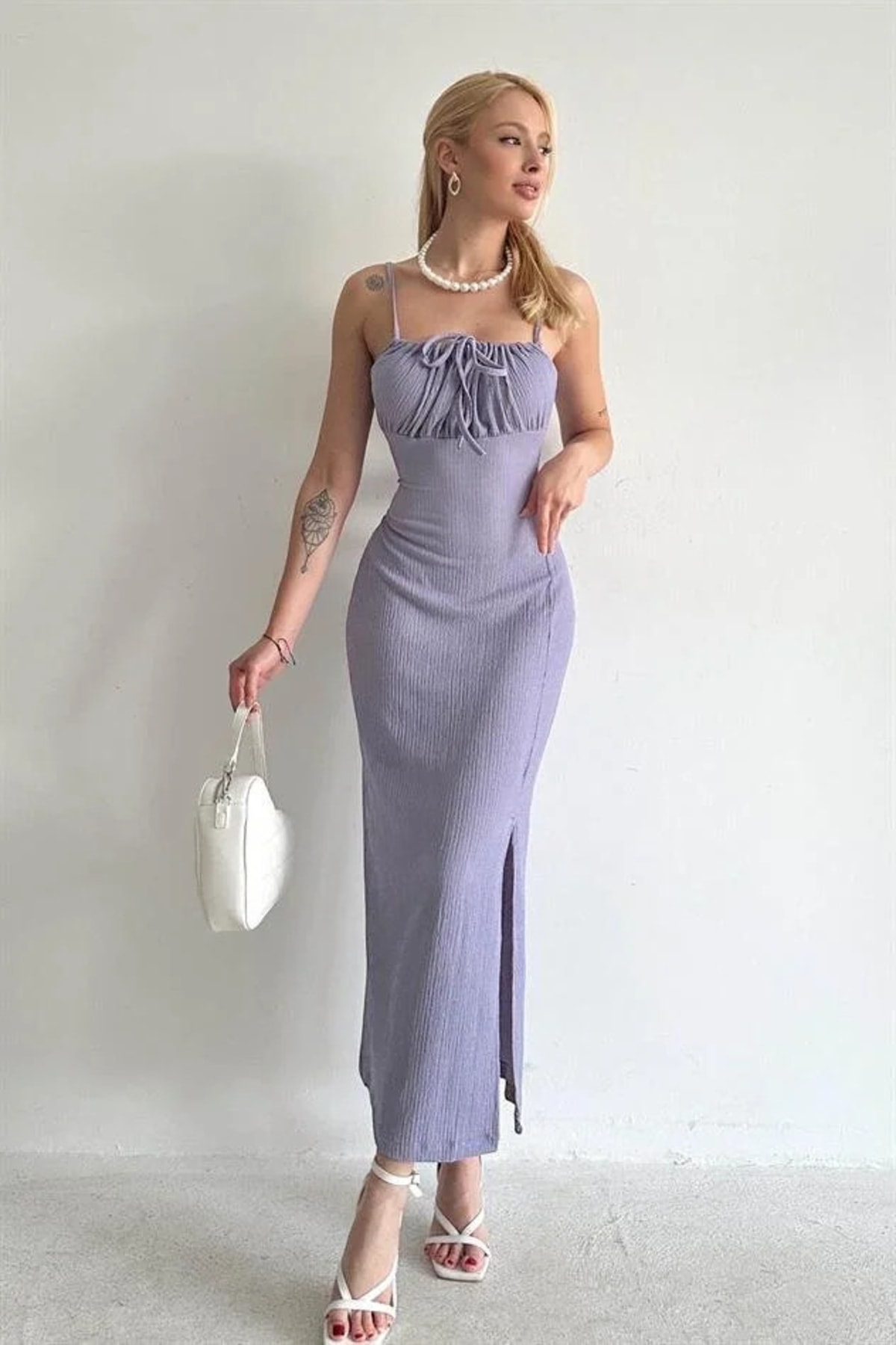 Front Shirring Slit Midi Dress