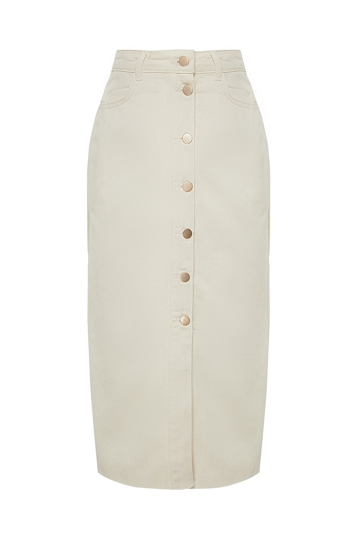 Trendyol Collection-Ecru Button Detail High Waist Midi Denim Skirt Twoss23Et00359 11