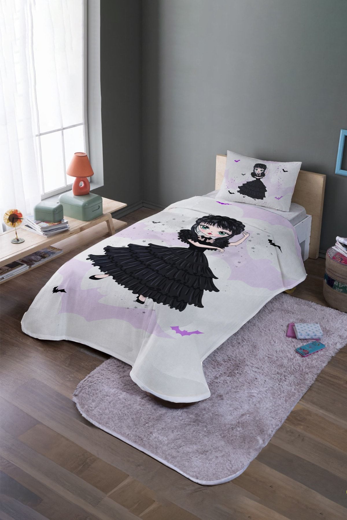 EVPANYA-Line Gray Dancer Wednesday Patterned Single Pique Set and Bedspread 2