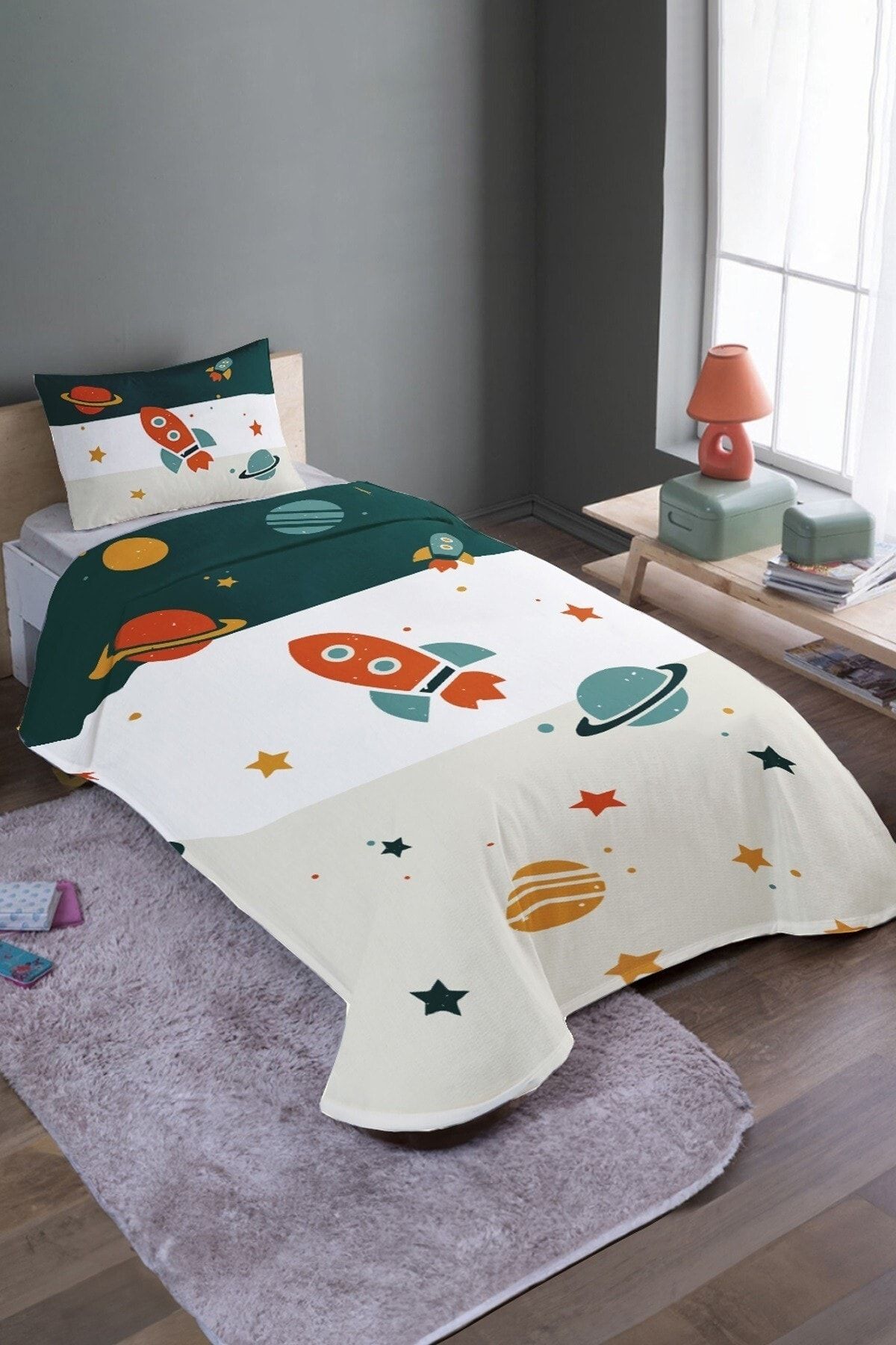 EVPANYA-Retro Green Cream Spacecraft Patterned Single Pique Set and Bedspread 2