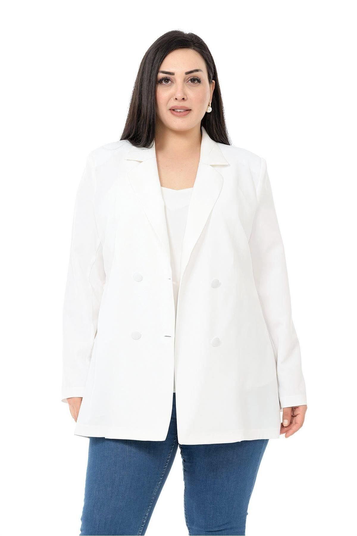 DISENTIS MODEST-Plus Size Covered Buttoned Double Breasted White Unlined Jacket 4