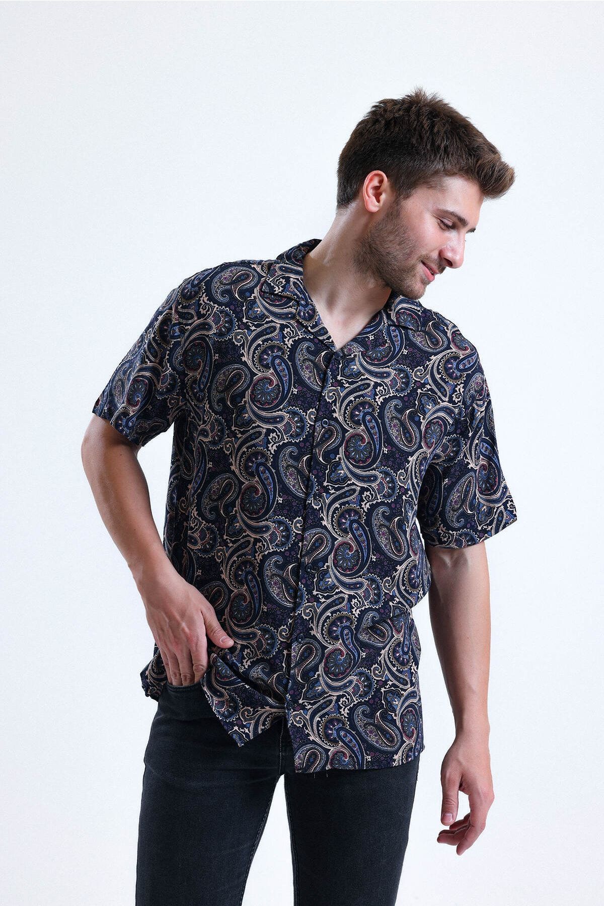 Evorya Men s Ethnic Authentic Cashew Flower Patterned Short Sleeve