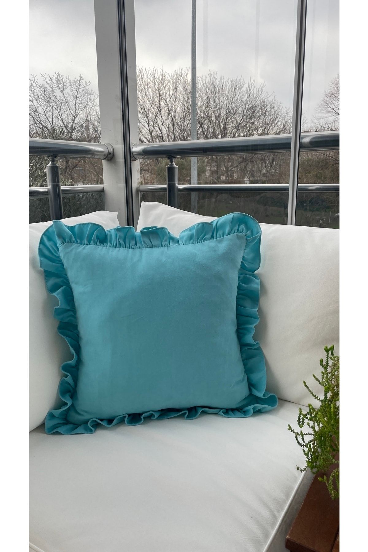Decamor home Vintage Ruffled Turquoise Throw Pillow Case Trendyol
