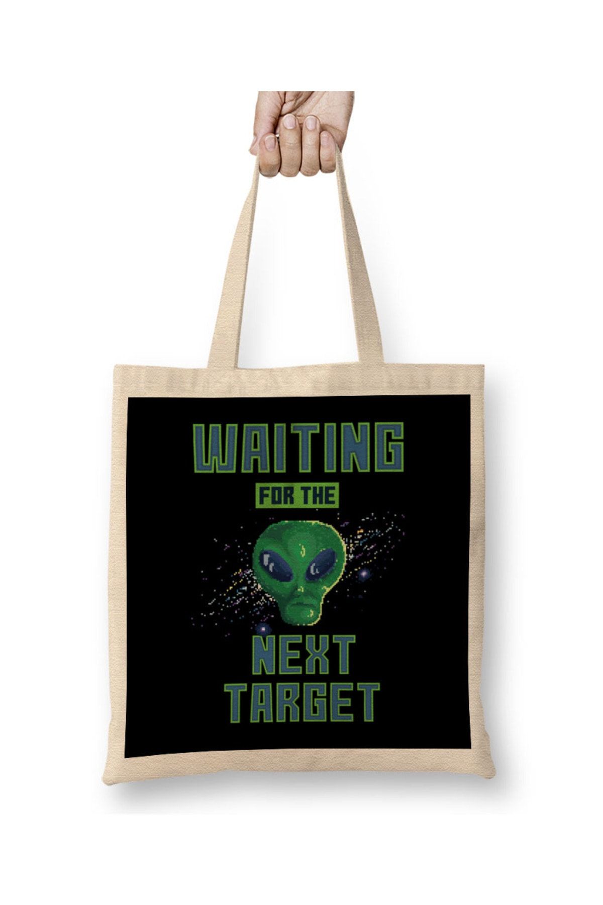 Baskı Dükkanı Retro Pixel Alien Waiting For Next Target Geantă Din Pânză Cu Mâner Lung Unisex - One Size
