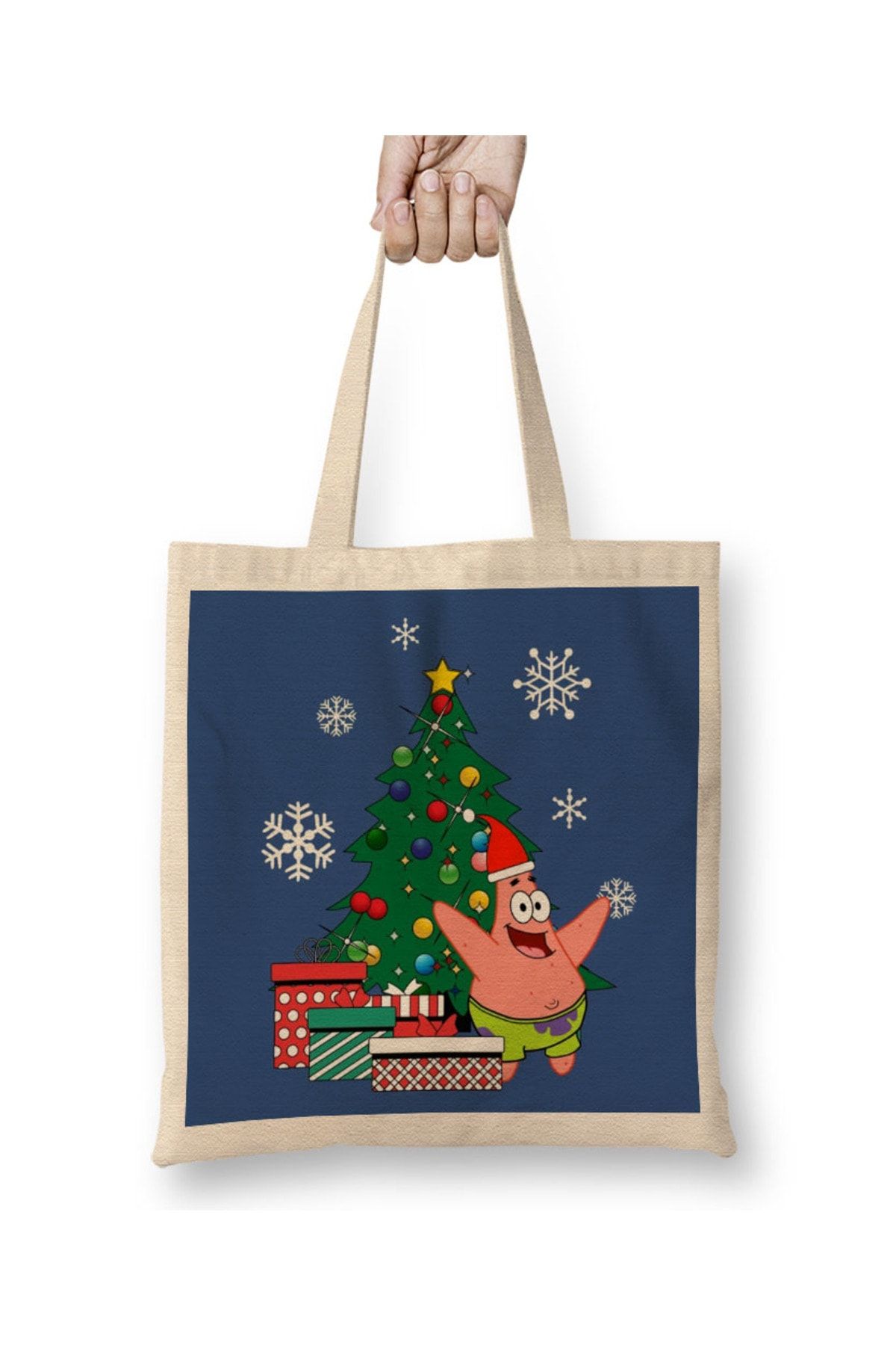 Baskı Dükkanı Patrick Star În Jurul Bradului De Crăciun Geantă Din Pânză Spongebob Cu Mâner Lung Unisex - One Size