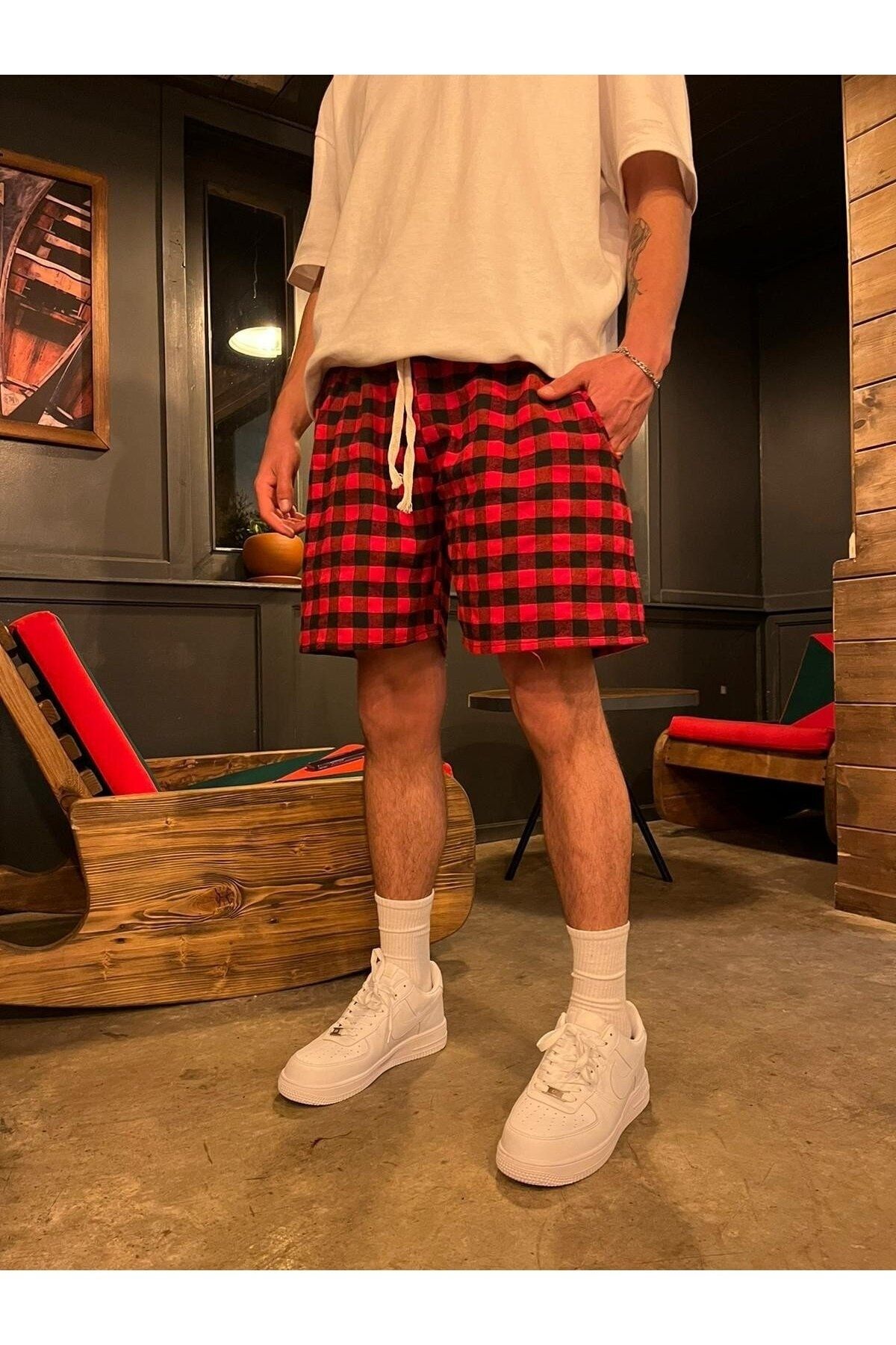 1blood PLAID SHORTS Red BLACK Relax Shorts Trendyol