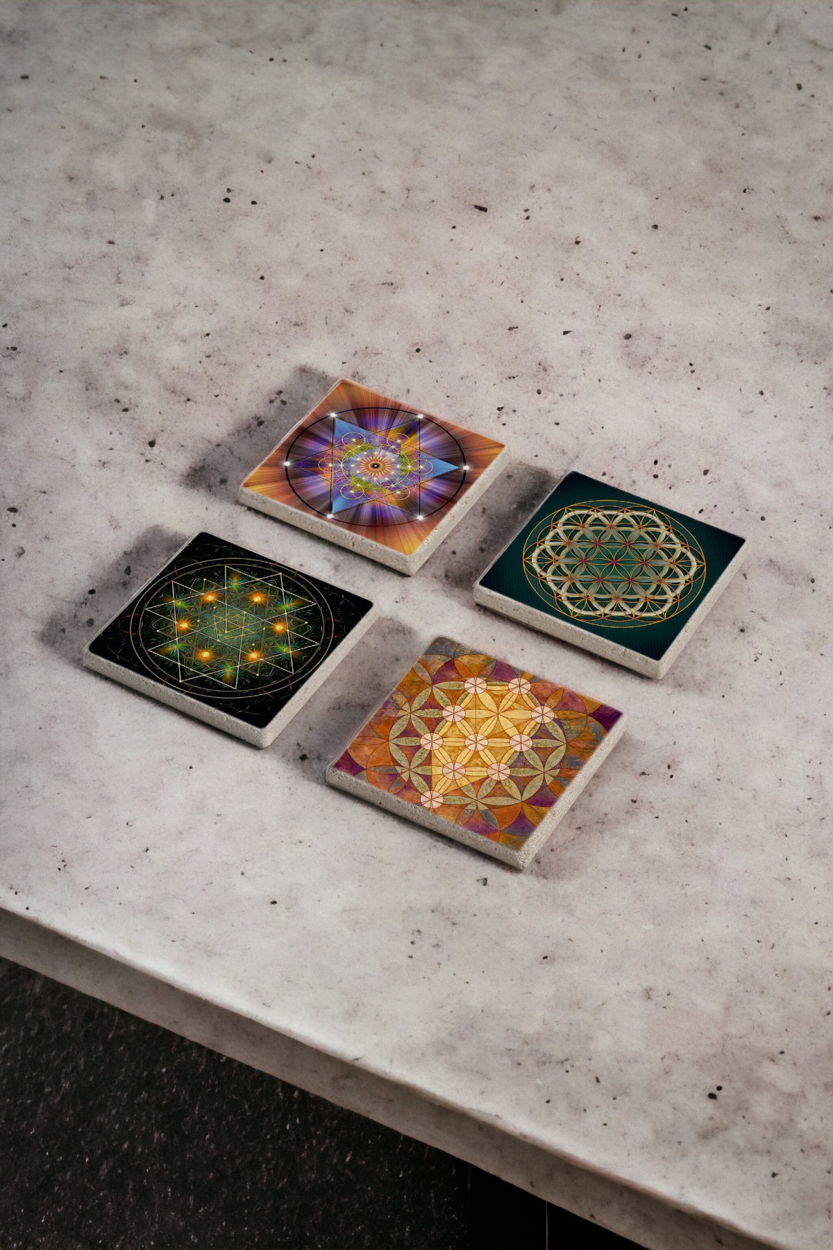 Sacred Geometry Sri Yantra Flower of Life Natural Stone Travertine Coaster Set of 4