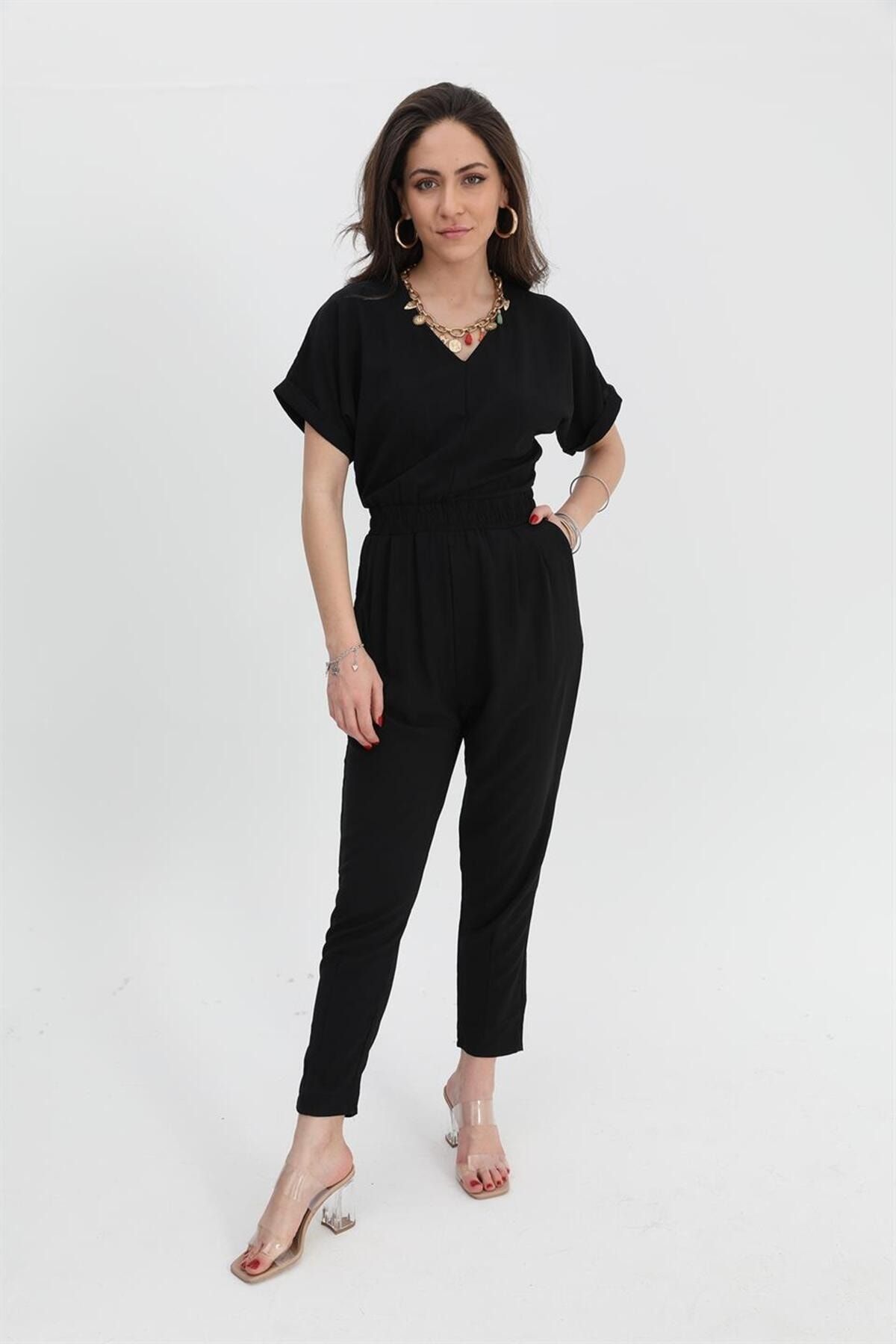 Biriz Moda Jumpsuit with Elastic Waist and Low cut Back V Neck Black