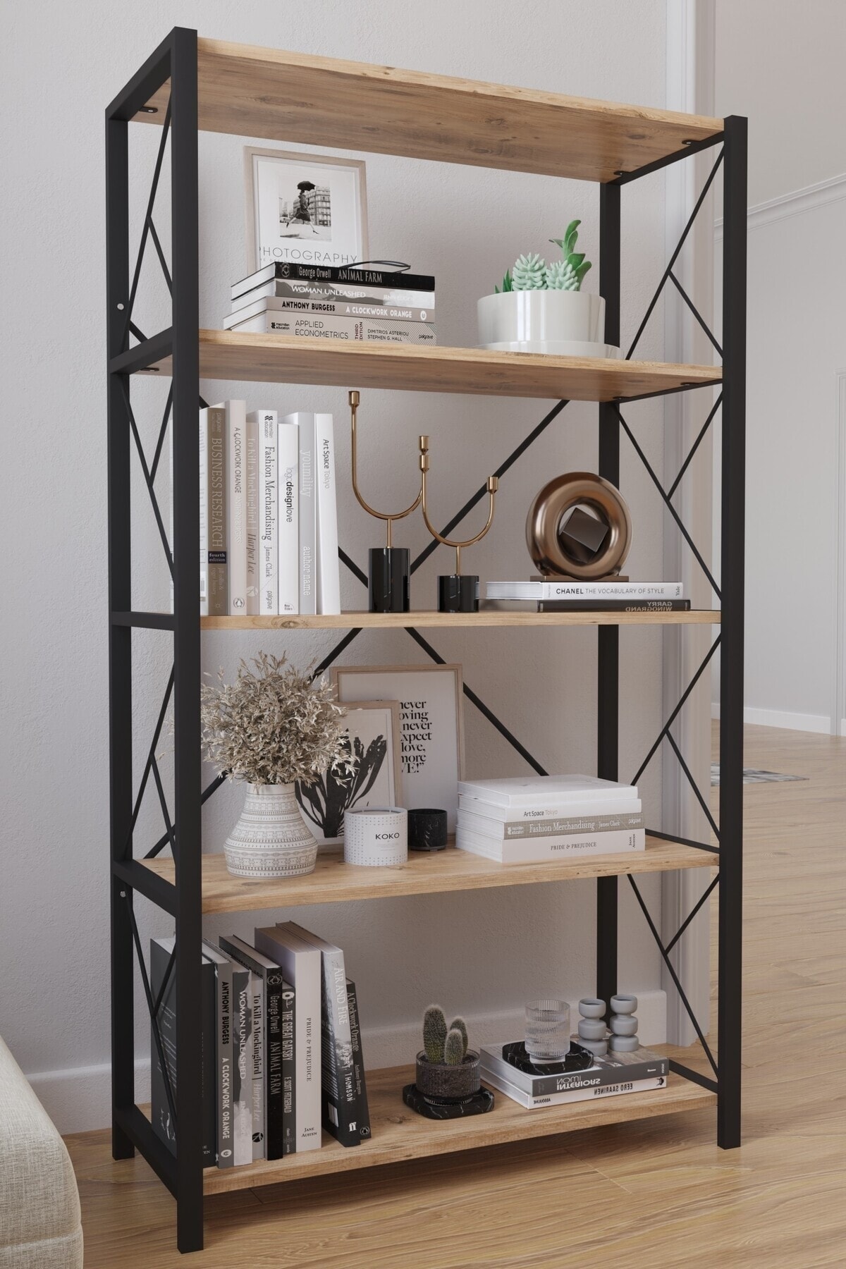 Tedarikcenter 5 Raflı Geniş Kitaplık Dekoratif Metal Ayaklı Ofis Rafı ...