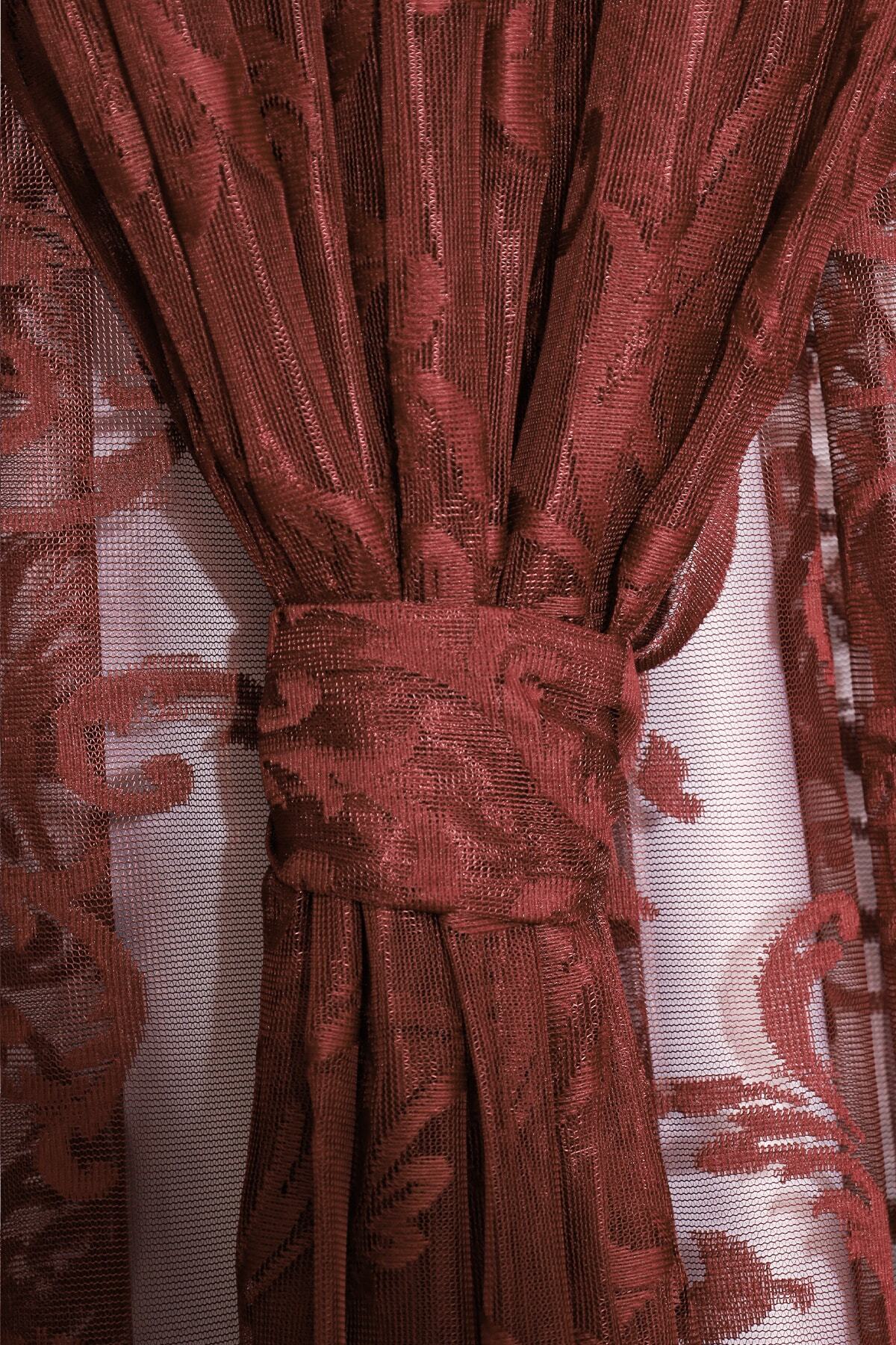 Ta-Ha Perde ve Halı-Shawl Pattern Claret Red Knitted Inner Tulle And Background Complete Set Sparse Pleat Tulle Curtain 3