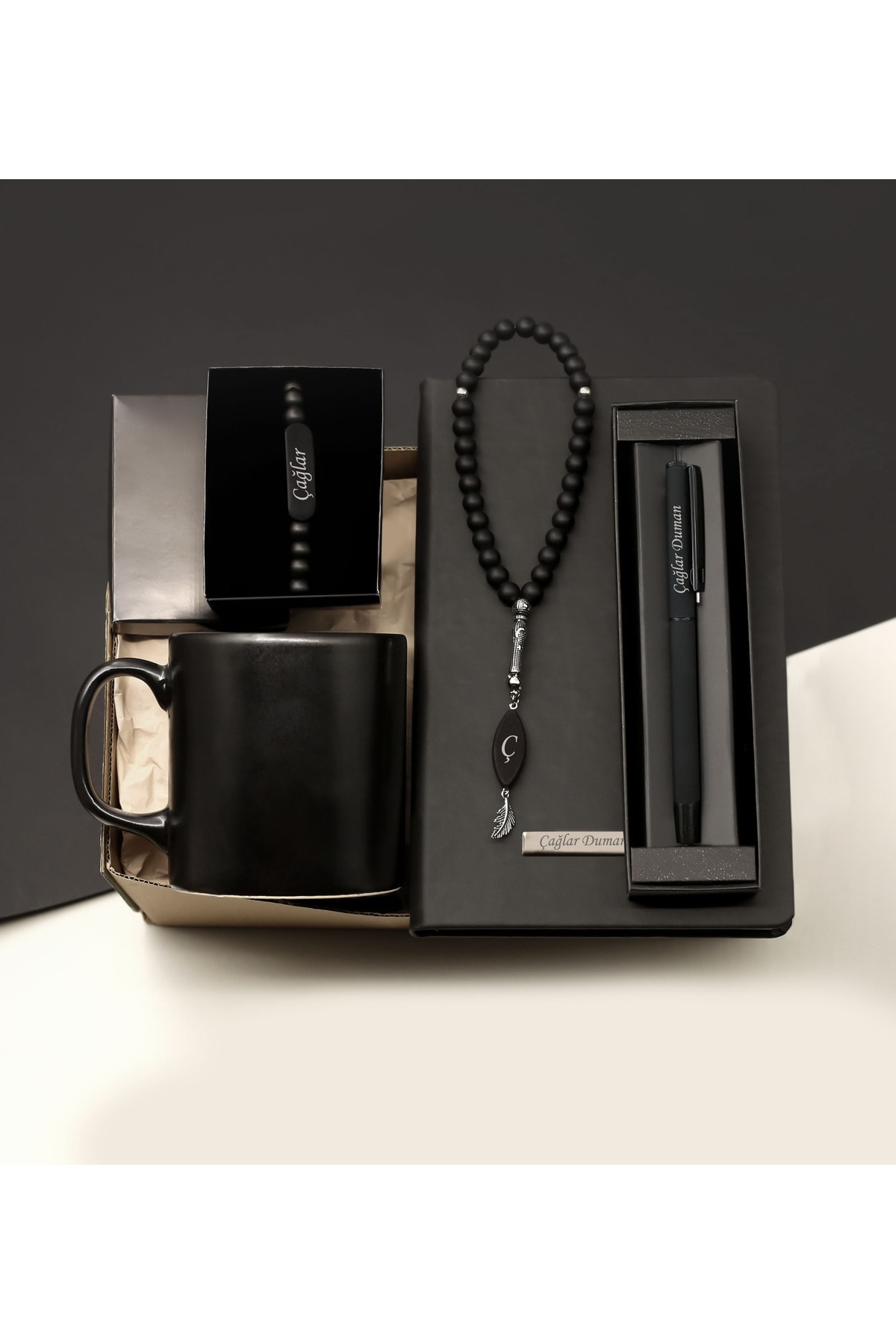 Personalized Black Notebook & Pen & Rosary & Bead Bracelet & Mug Gift Set