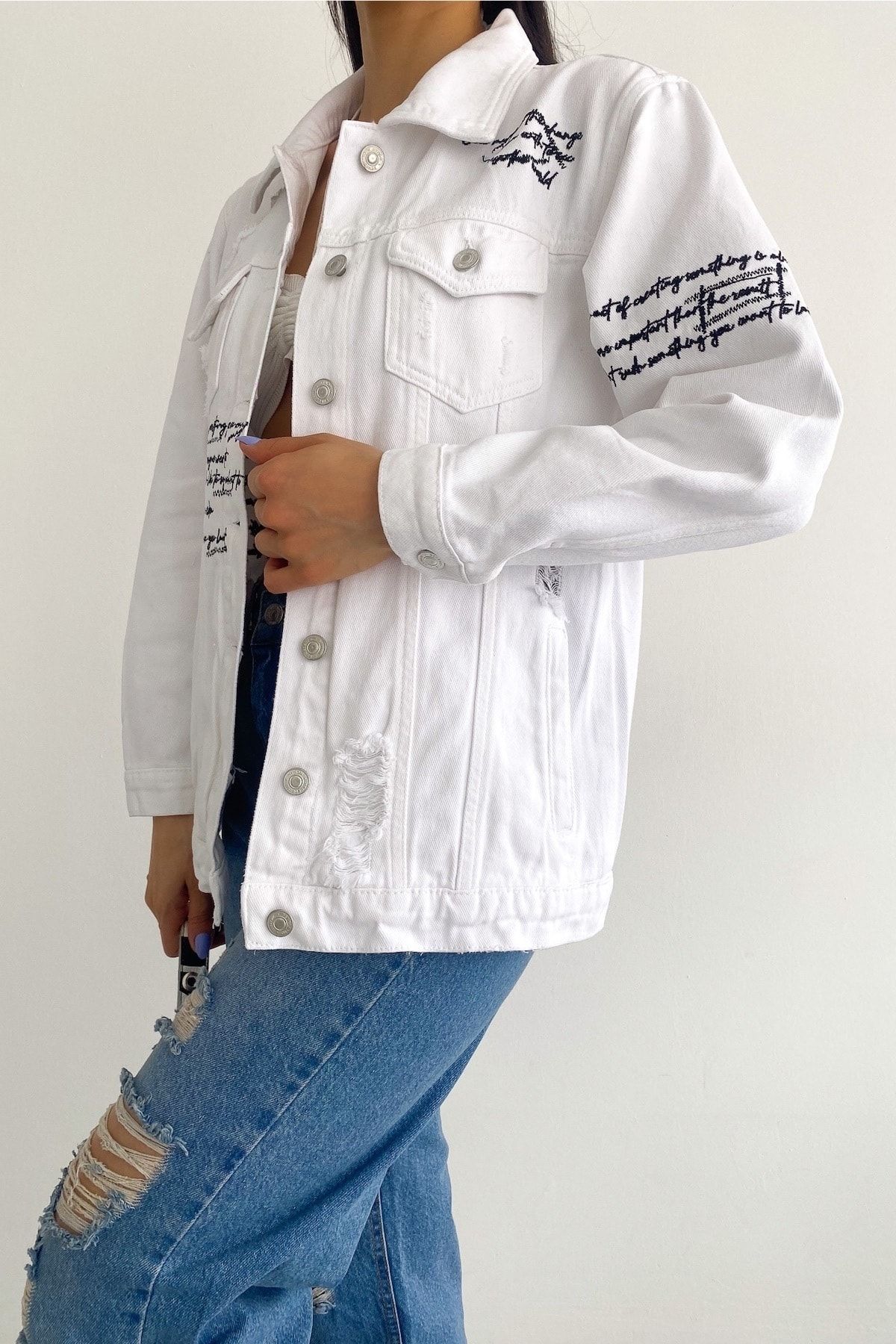 Ripped white denim jacket new arrivals