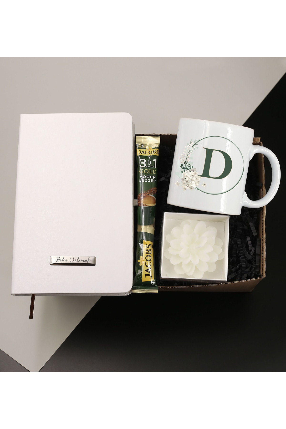 Personalized White Notebook & Personalized Letter Printed Mug & Decorative Candle & Jacobs Gold Gift Set