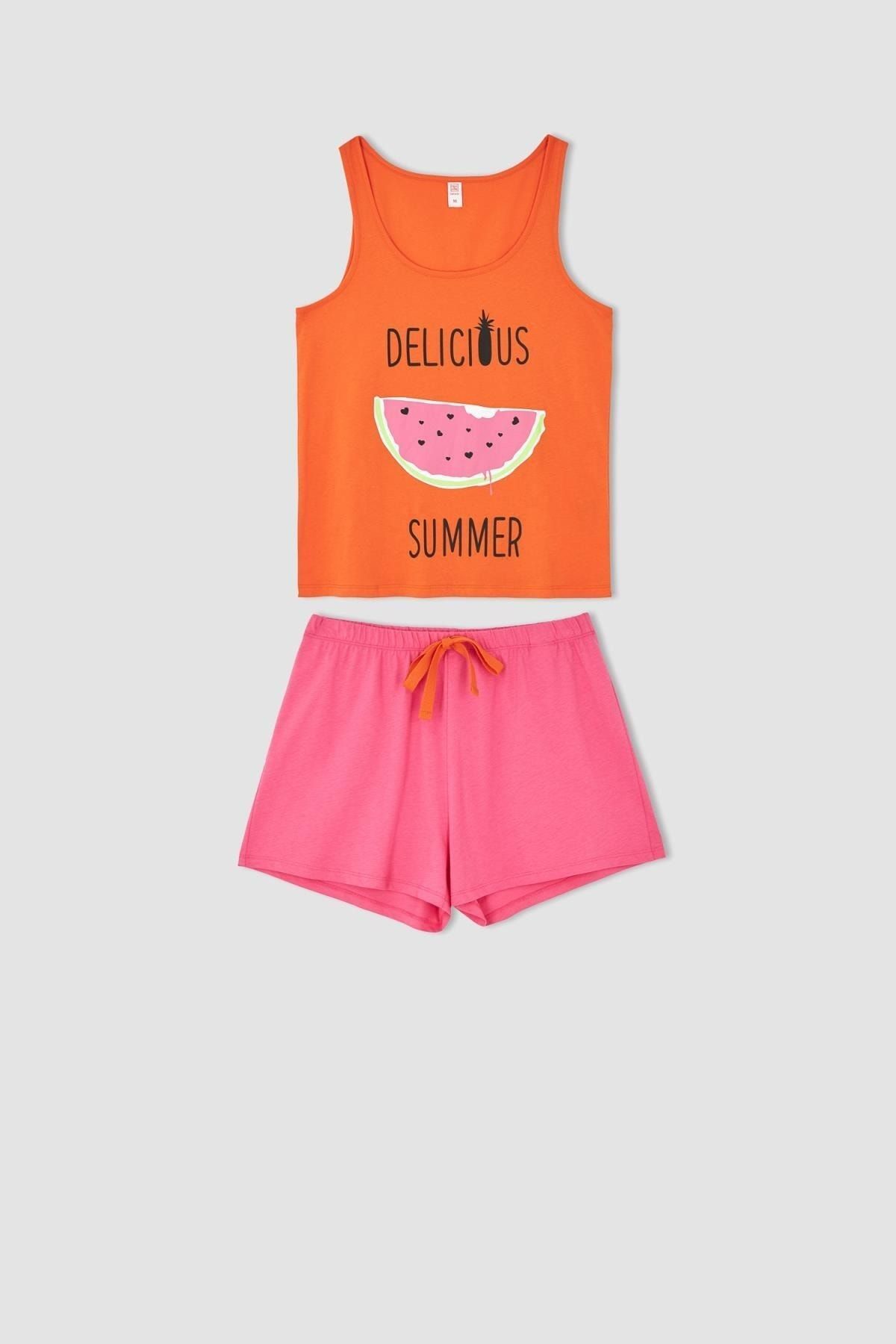 DeFacto-Fall In Love Regular Fit Pyjama-Set mit ärmellosen Sportler-Shorts und Fruchtmuster 4
