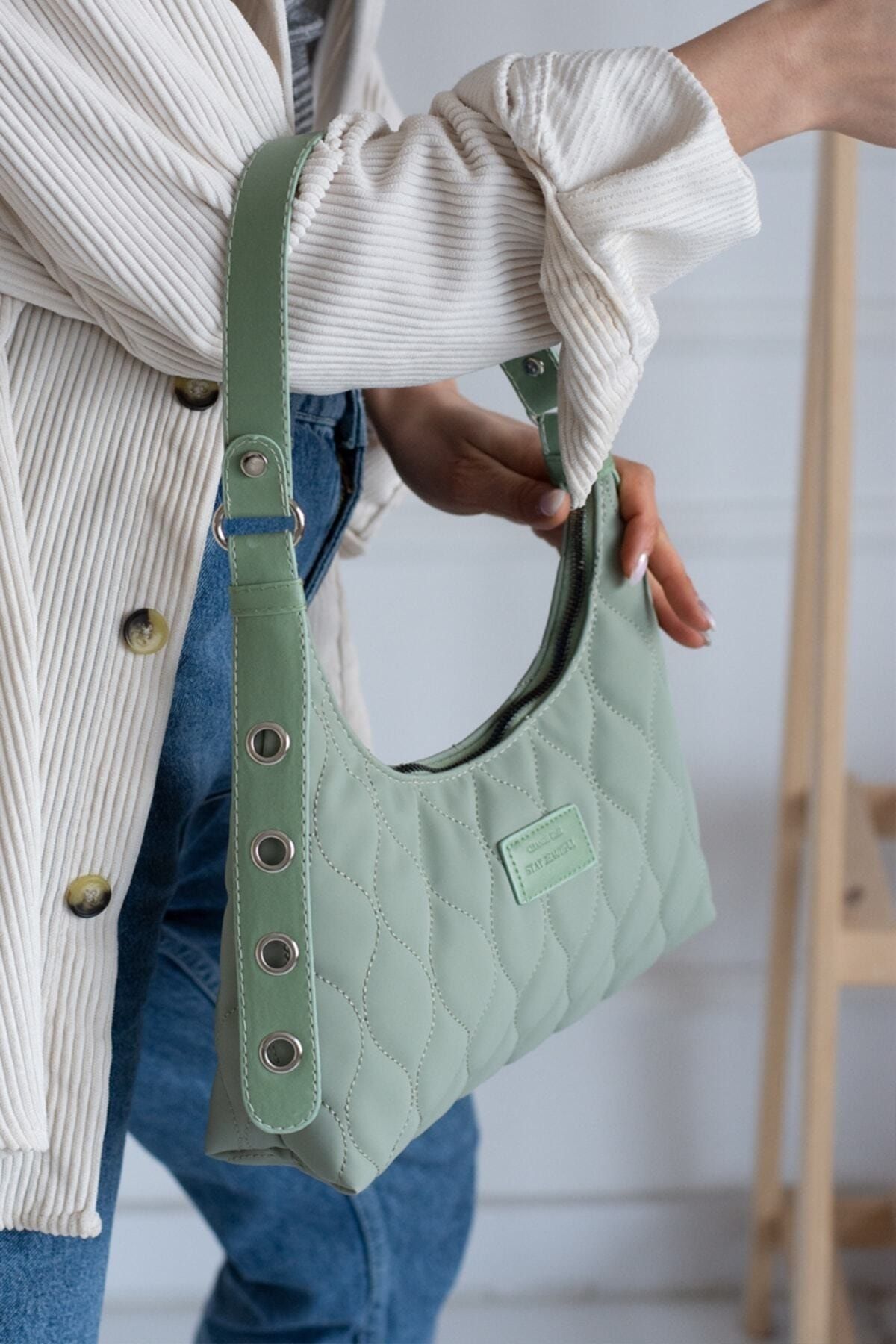 Cochines Women s Mint Green Quilted Patterned Baguette Hand and