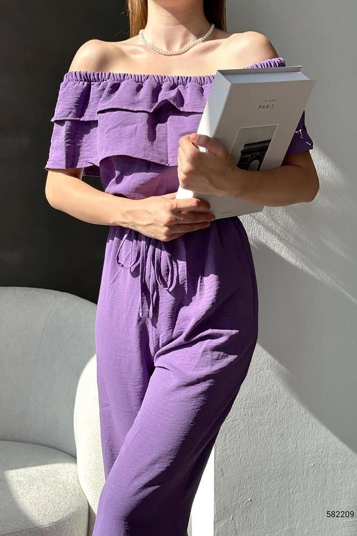 Purple off the discount shoulder jumpsuit
