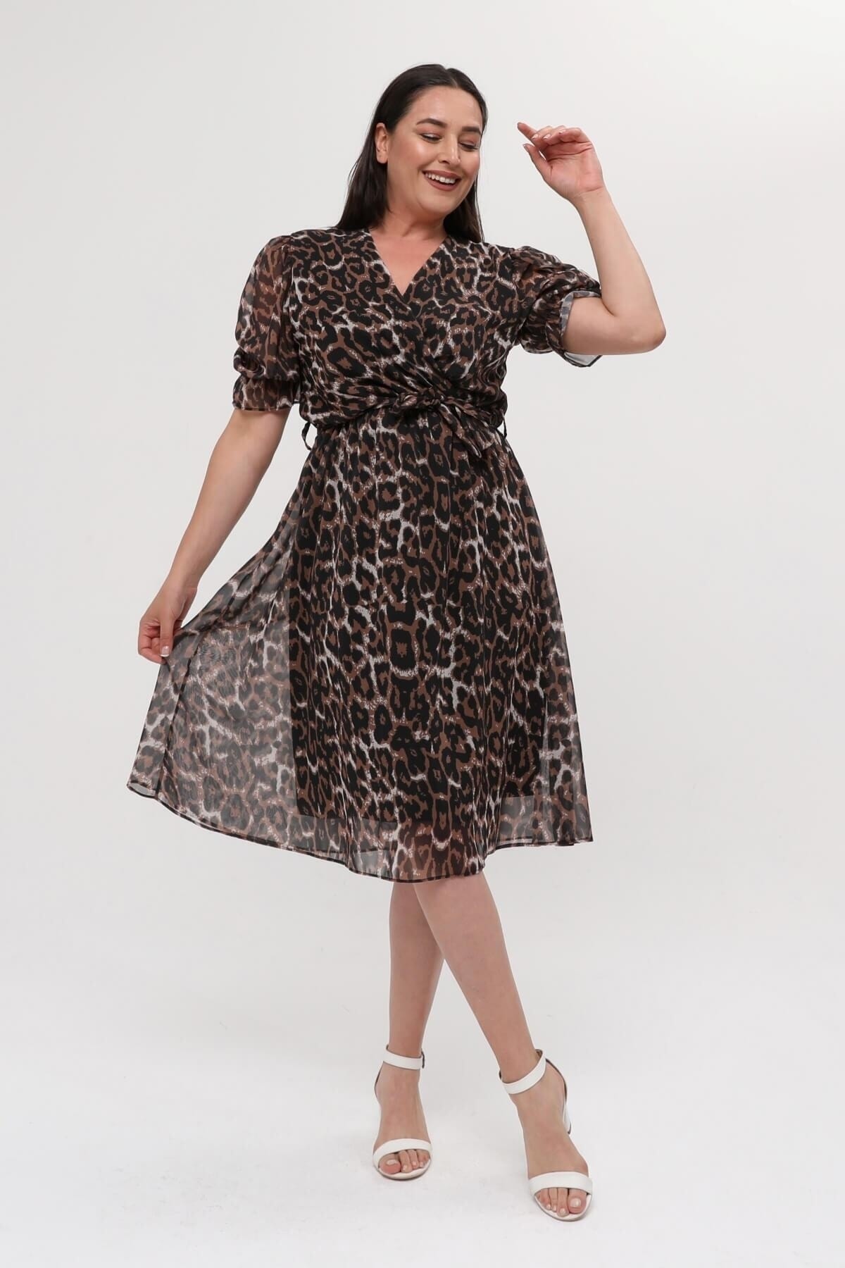 womens plus size leoopar patterned midi size dress NM8062