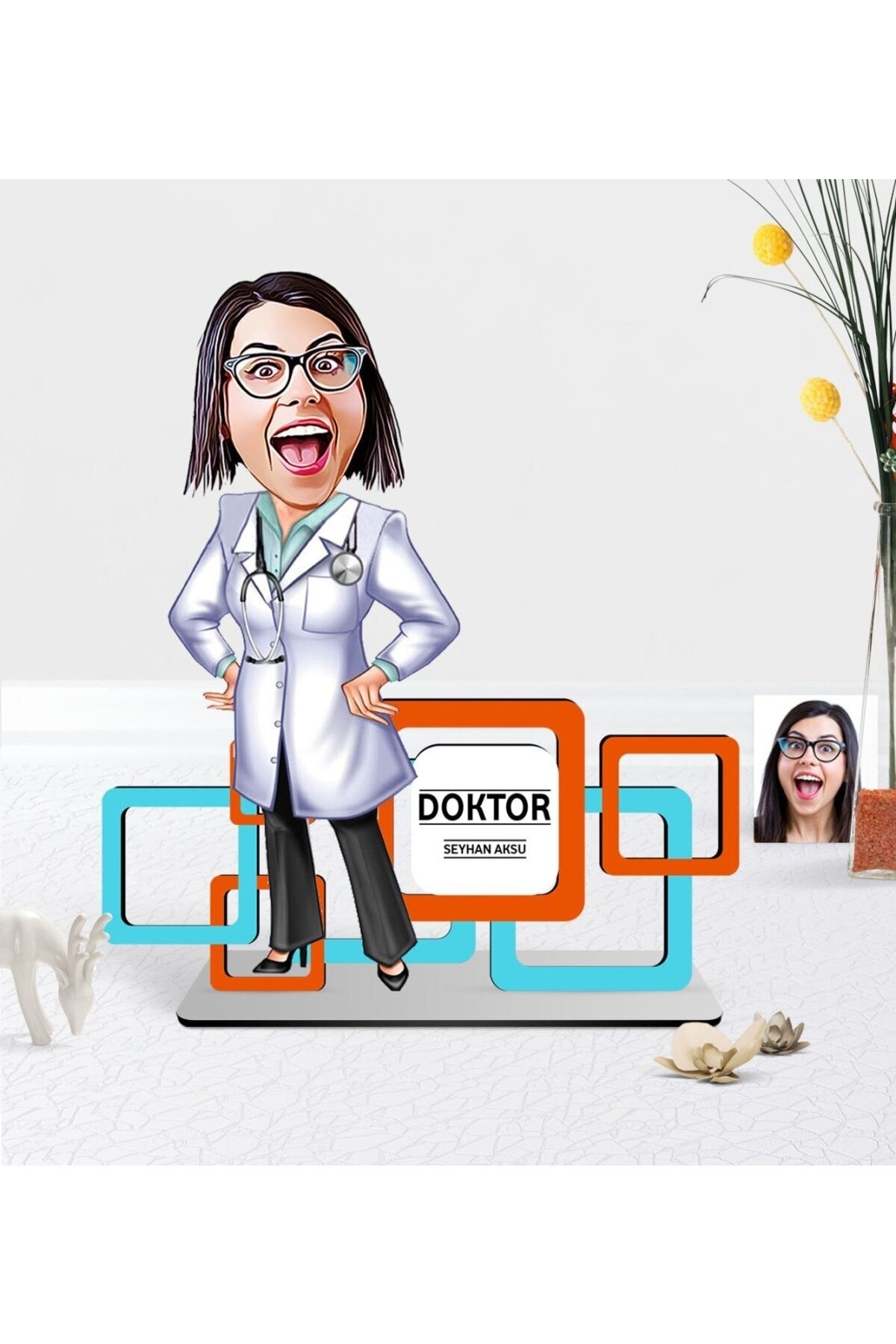 Bk Gift Kişiye Özel Doktor Karikatürlü 3D Ahşap Masa İsimliği