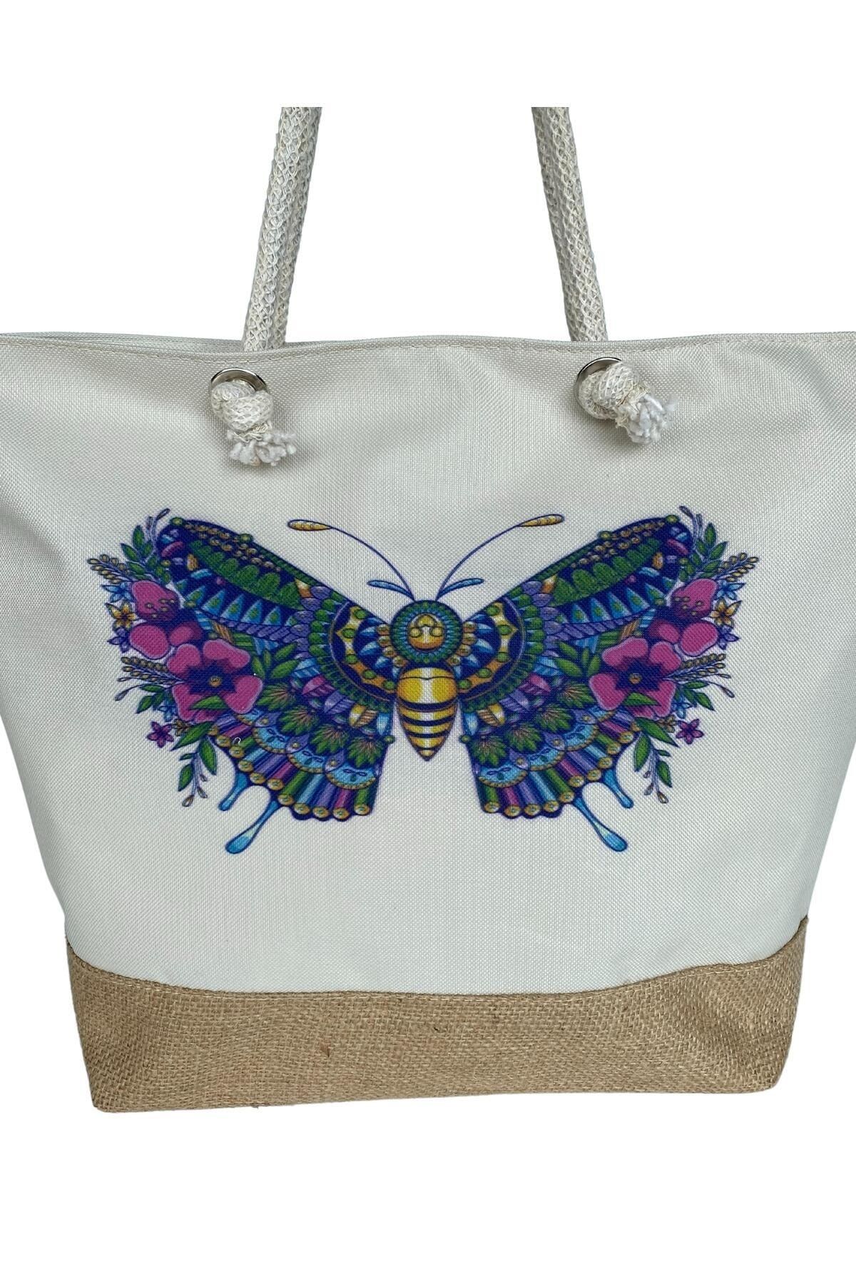 MUCCE Women s Straw Butterfly Patterned Beach Bag Zippered Beach Bag