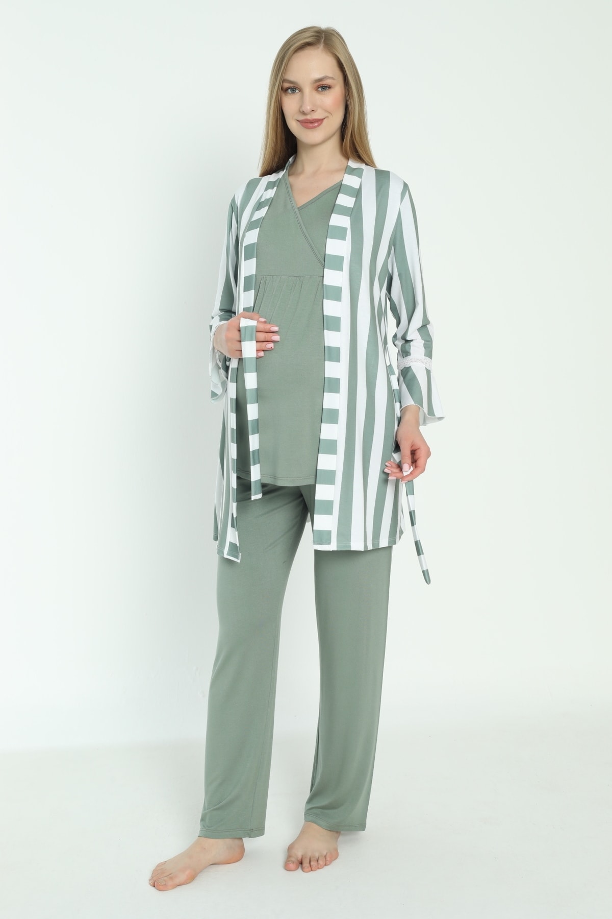 Miss Dünya Lissa Yeşil Çizgi Desenli Lohusa ve Hamile Pijama Takım fotoğrafı 2 (önizleme)