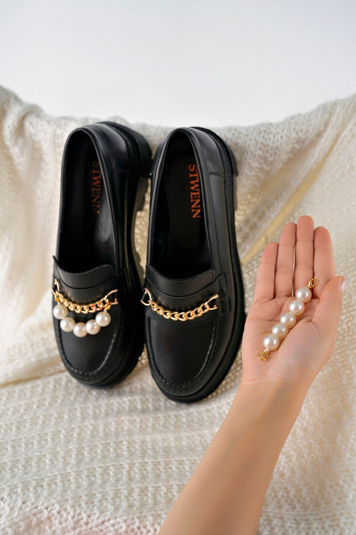 StWenn Women s Thick Sole Loafer Moccasin Shoes Black with Pearls Trendyol