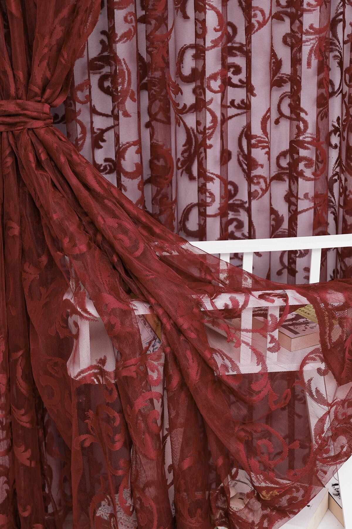 Ta-Ha Perde ve Halı-Shawl Pattern Claret Red Knitted Inner Tulle And Background Complete Set Sparse Pleat Tulle Curtain 4