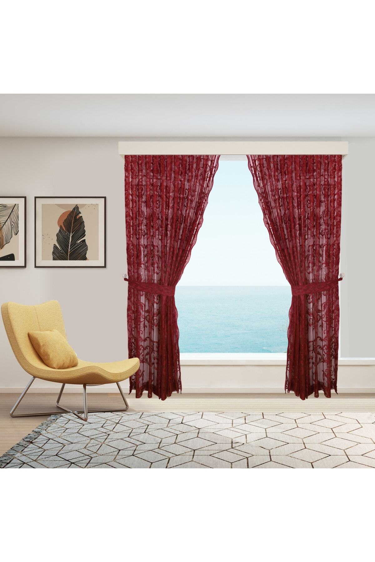 Ta-Ha Perde ve Halı-Shawl Pattern Claret Red Knitted Inner Tulle And Background Complete Set Sparse Pleat Tulle Curtain 7