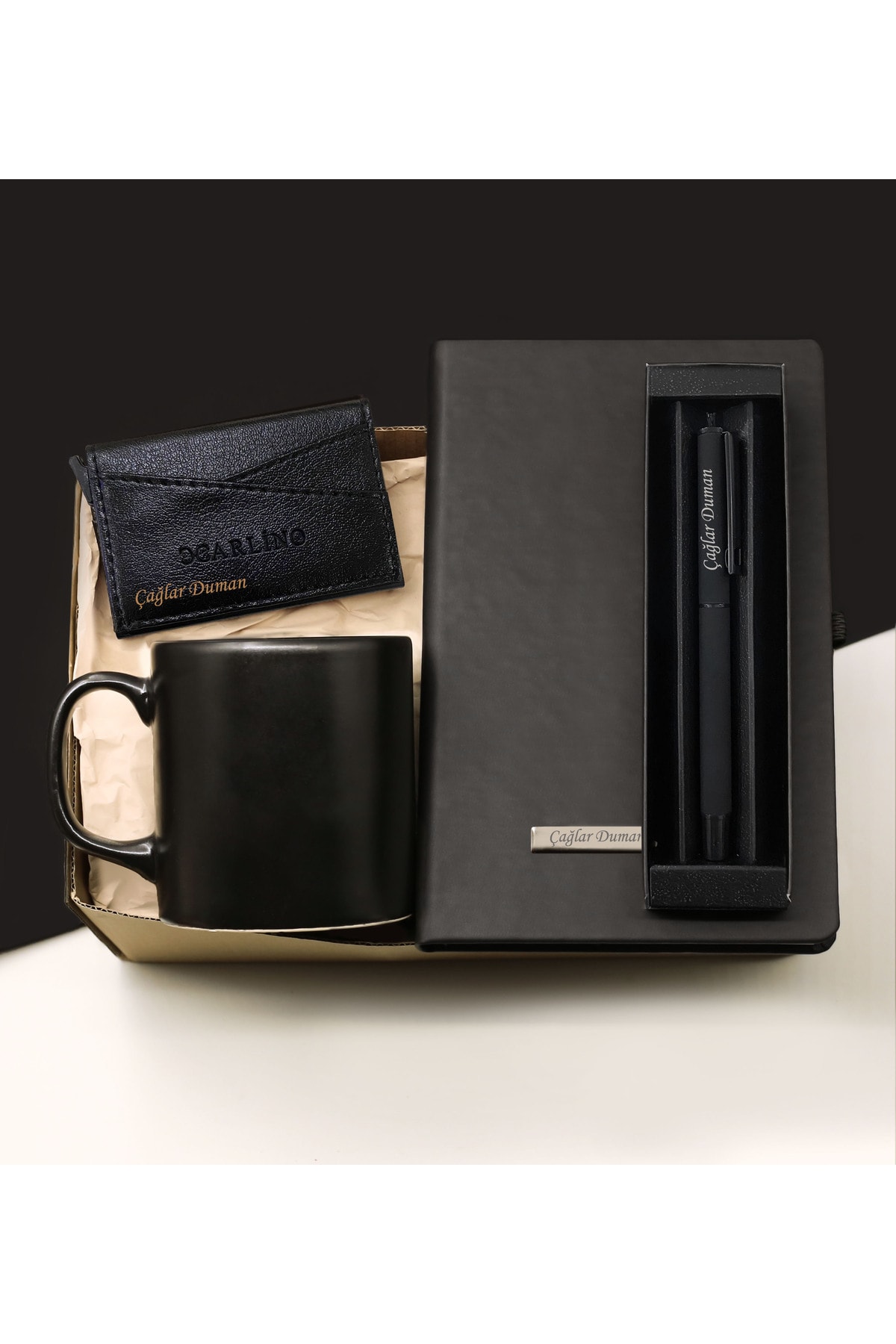 Personalized Black Notebook & Personalized Pen & Mechanism Men's Wallet & Mug Gift Set