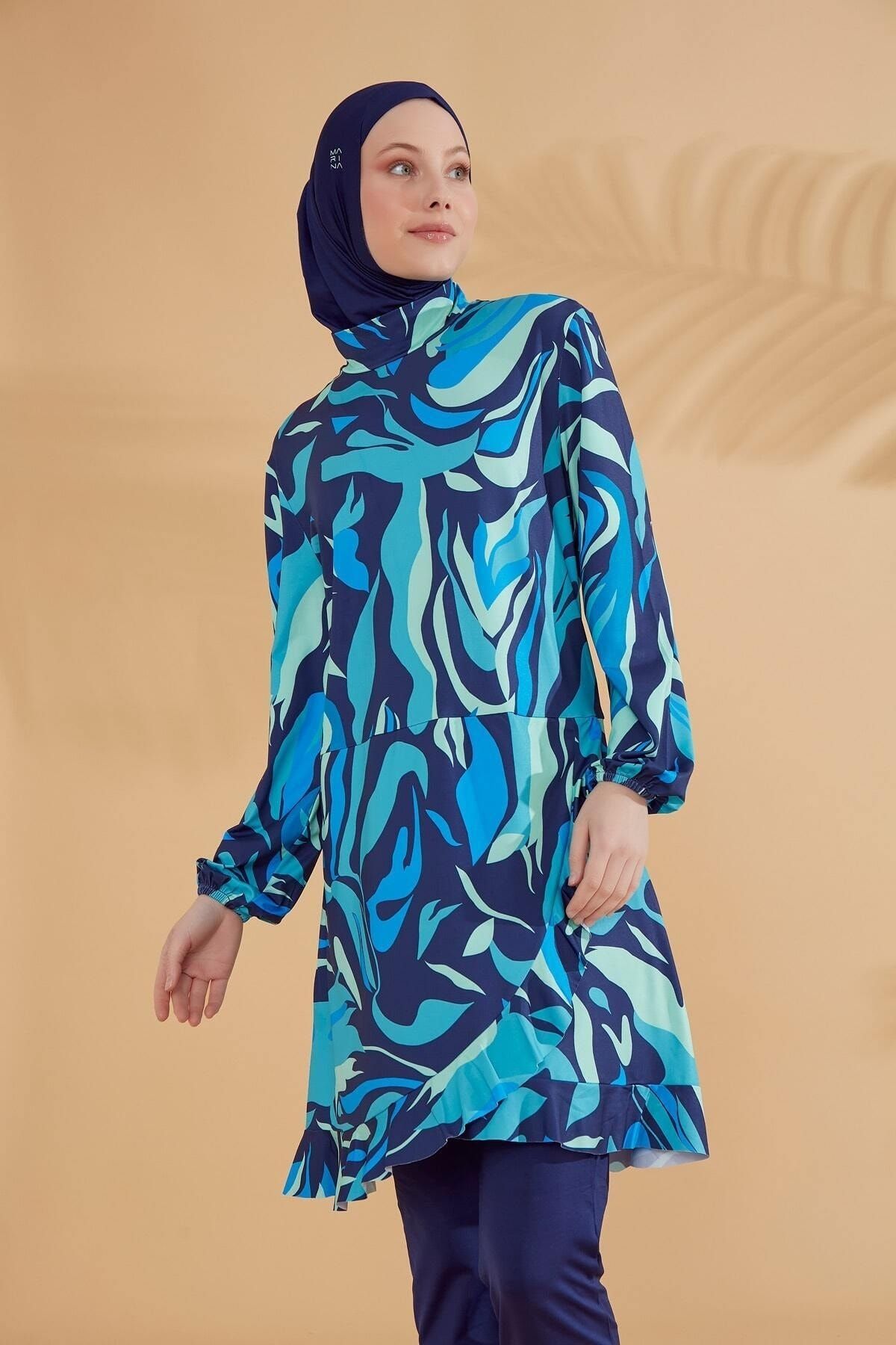 مایوی پوشیده آبی زنانه الگوی بسته حجاب MAYO Marina