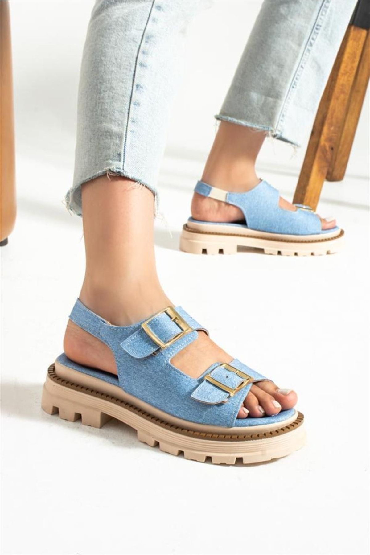 Ayakkab da Tek Double Buckle Women s Sandals Light Denim Trendyol
