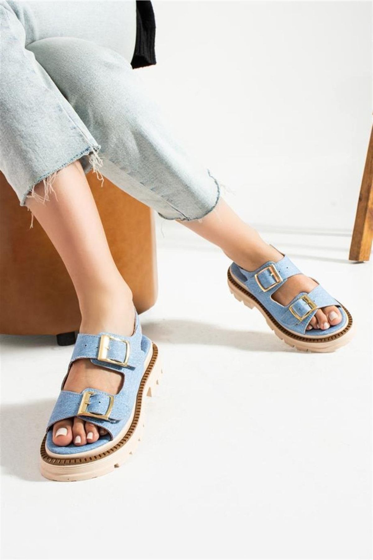 Ayakkab da Tek Double Buckle Women s Sandals Light Denim Trendyol