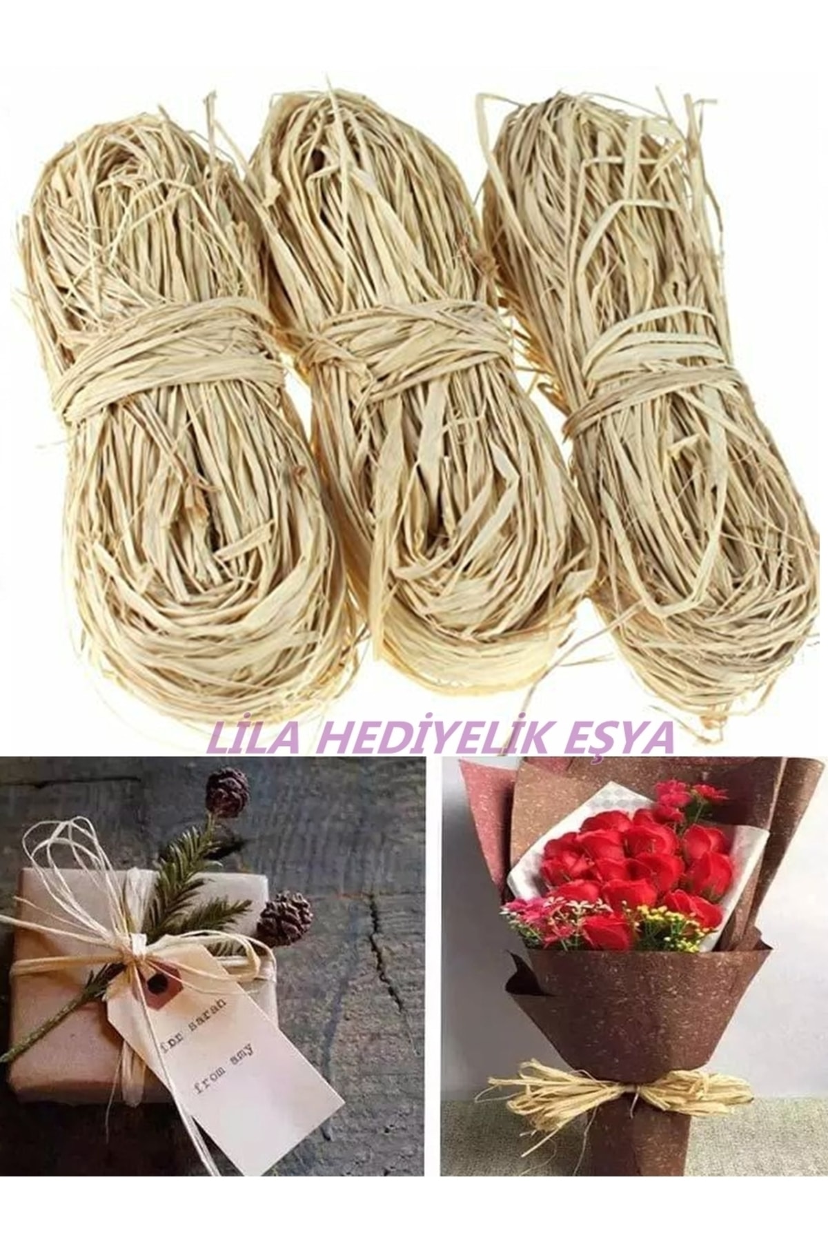 LilaHediyelikEşya 100 Adet Doğal Muz Lifi Rafya İp Kutu Paketleme İpi ...