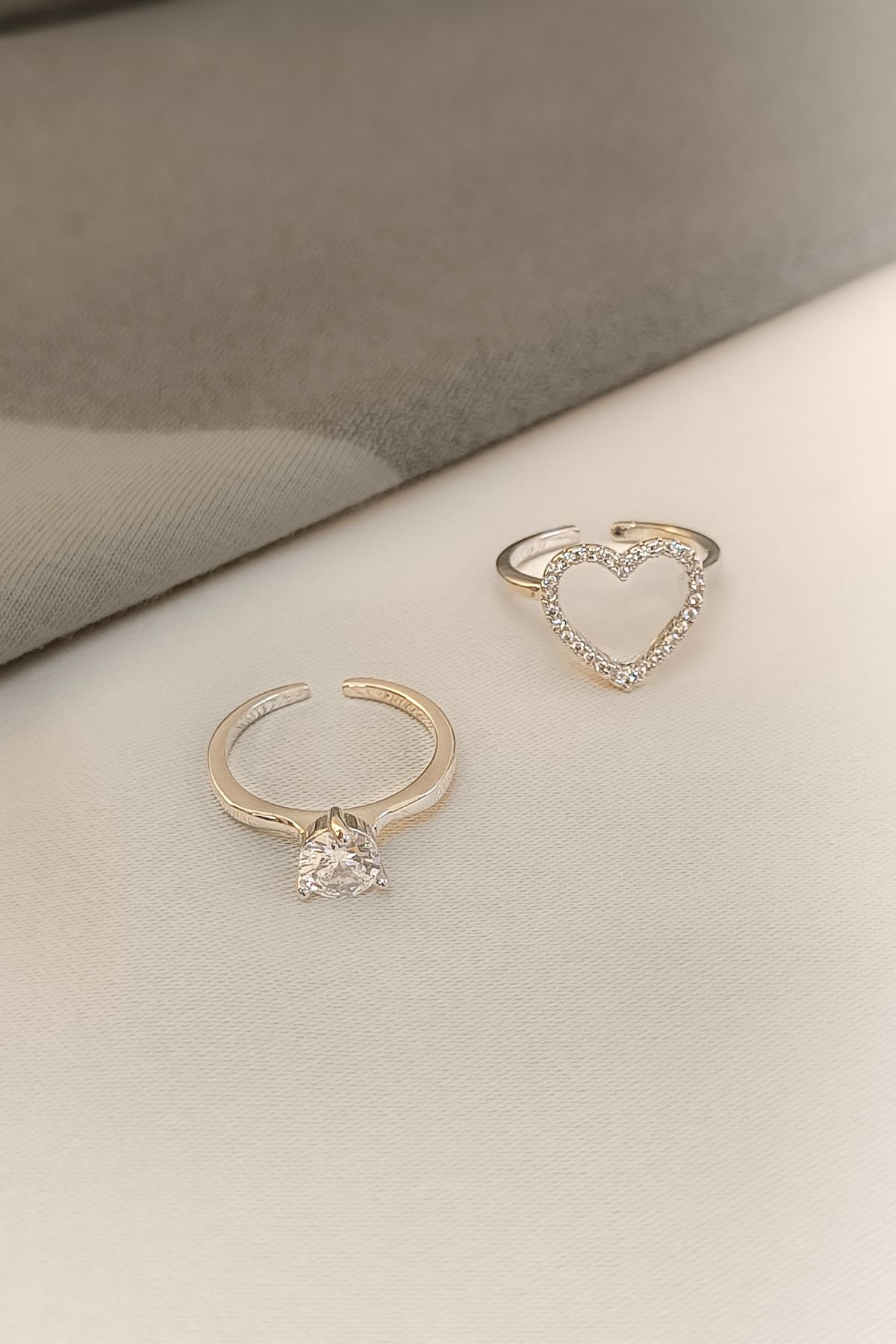 COSİTA-Silver Solitaire Heart Double Engagement Special Design 2-Piece Ring 3