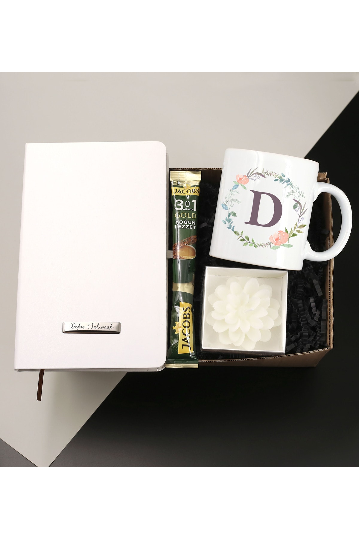 Personalized White Notebook & Personalized Letter Printed Mug & Decorative Candle & Jacobs Gold Gift Set