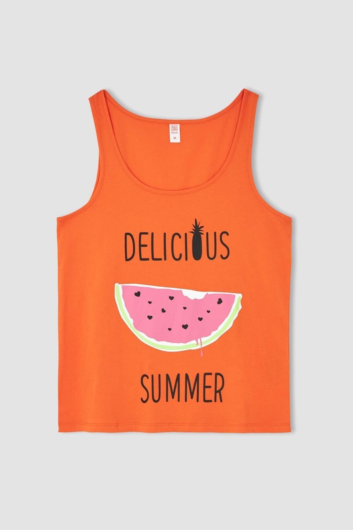 DeFacto-Fall In Love Regular Fit Pyjama-Set mit ärmellosen Sportler-Shorts und Fruchtmuster 3