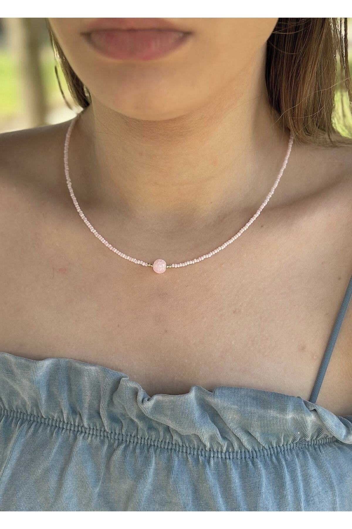 Hollanda Boncugu Toz Pembe Kum Boncuk Kolye